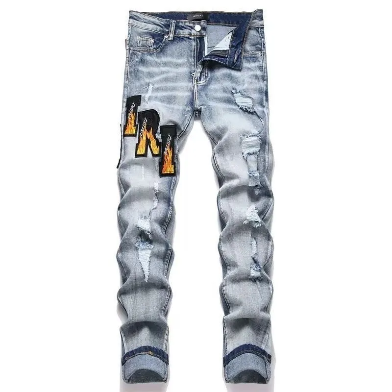 #M72 P168💰 AMIRI patch embroidery jeans trousers AMIRI high street basic ripped tight elastic jeans trousers amiri brand jeans break the production process and cutting of the original jeans, the fabrics are softer and more comfortable Hand-sewn collar label Customized logo buttons Genuine leather tag Color: Picture color Size: 30-32-34-36