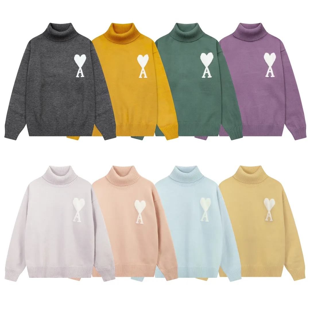 A8145# AMI Paris 2024 new autumn and winter new color big love alpaca blended soft and waxy knitted turtleneck cloud sweater Oversize version for men and women Color: ice blue light yellow light pink purple gray turmeric dark gray turquoise dark purple Code number: S-XL
