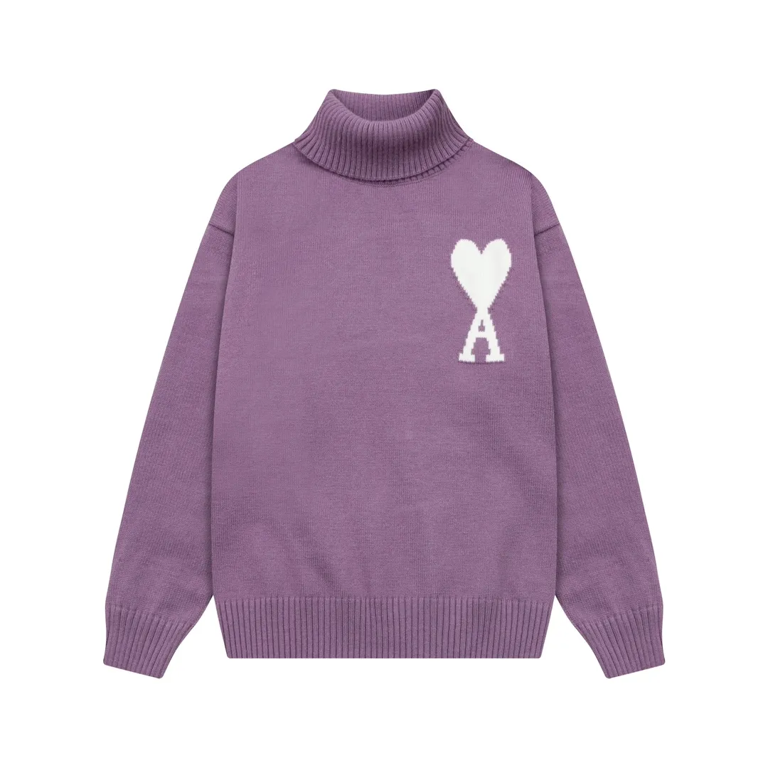 A8145# AMI Paris 2024 new autumn and winter new color big love alpaca blended soft and waxy knitted turtleneck cloud sweater Oversize version for men and women Color: ice blue light yellow light pink purple gray turmeric dark gray turquoise dark purple Code number: S-XL
