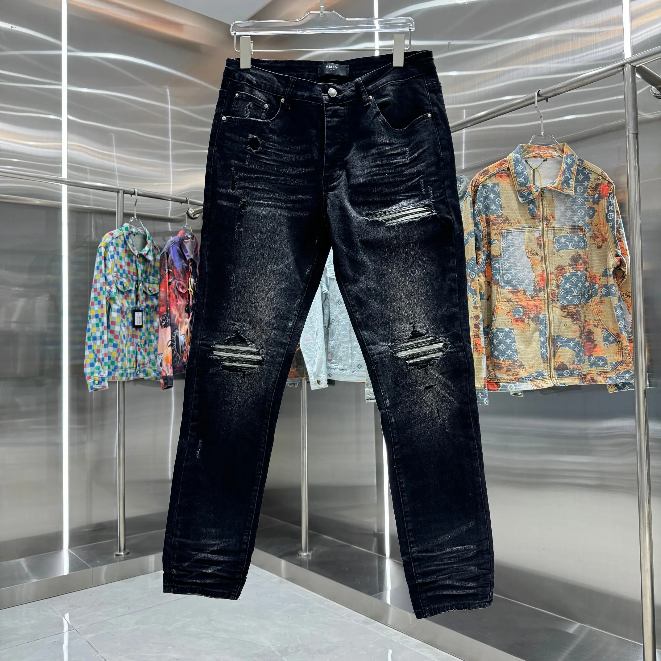 P290 Amiri ripped craft street fashion slim fit stretch jeans Color Black Size 30 32 34 36 38