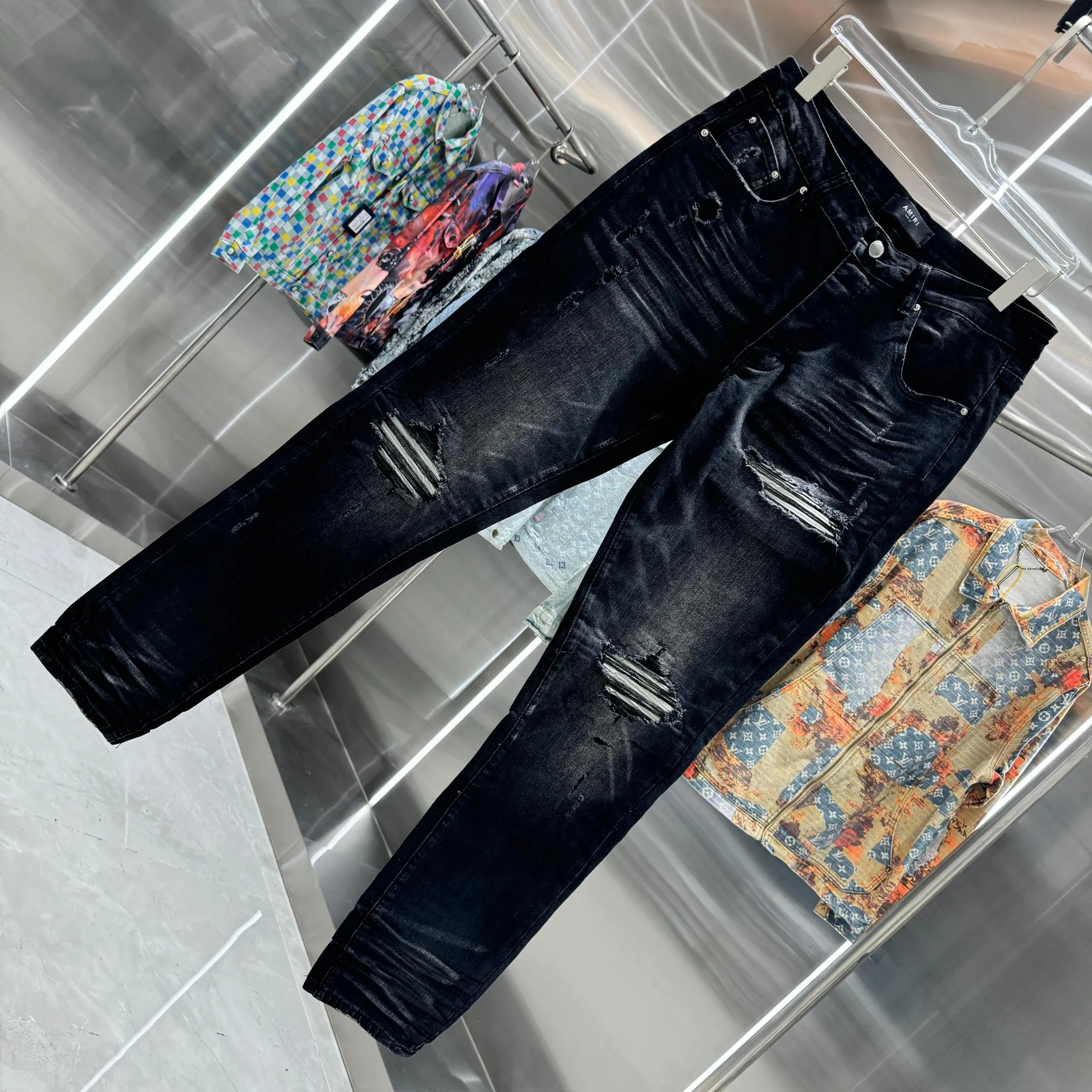 P290 Amiri ripped craft street fashion slim fit stretch jeans Color Black Size 30 32 34 36 38