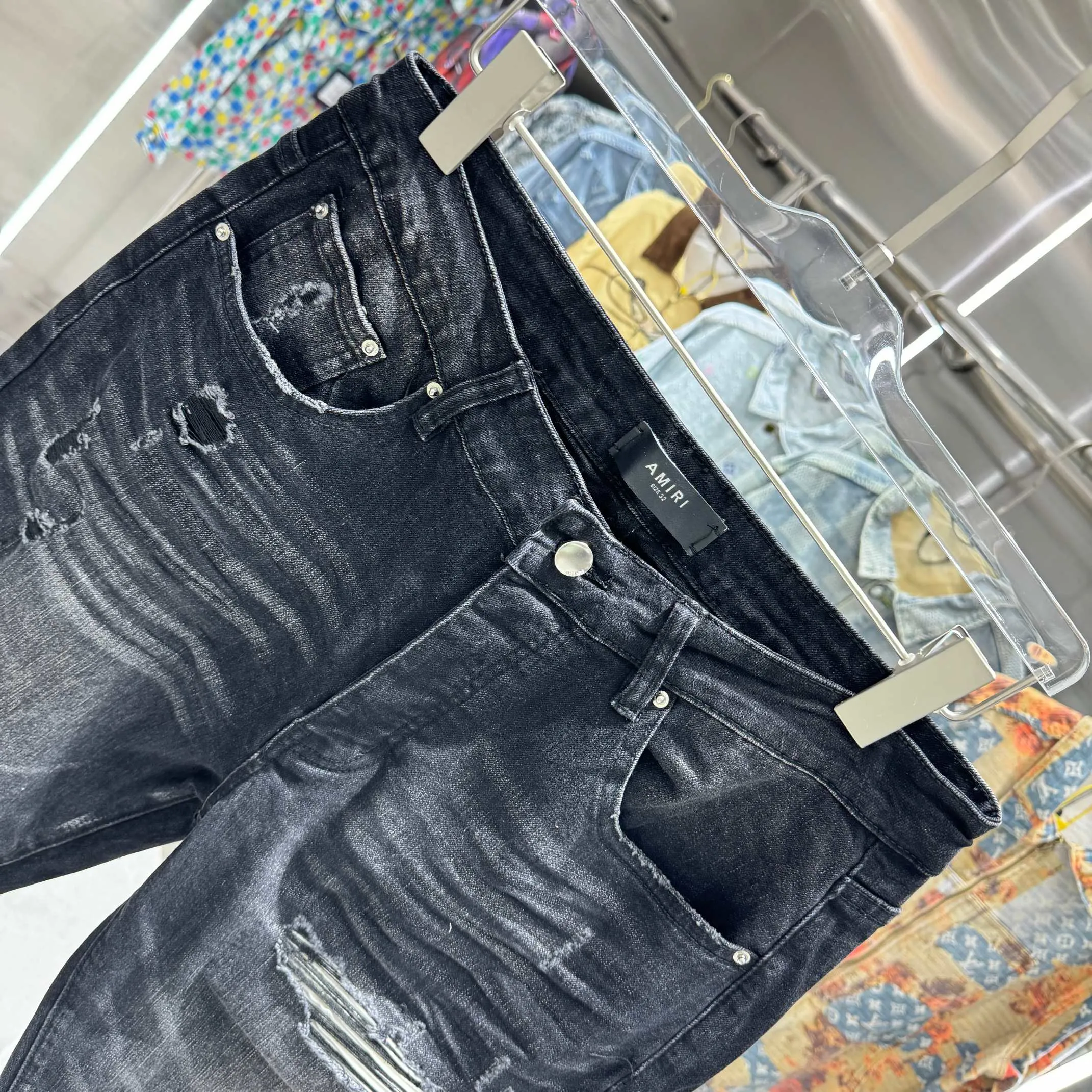 P290 Amiri ripped craft street fashion slim fit stretch jeans Color Black Size 30 32 34 36 38