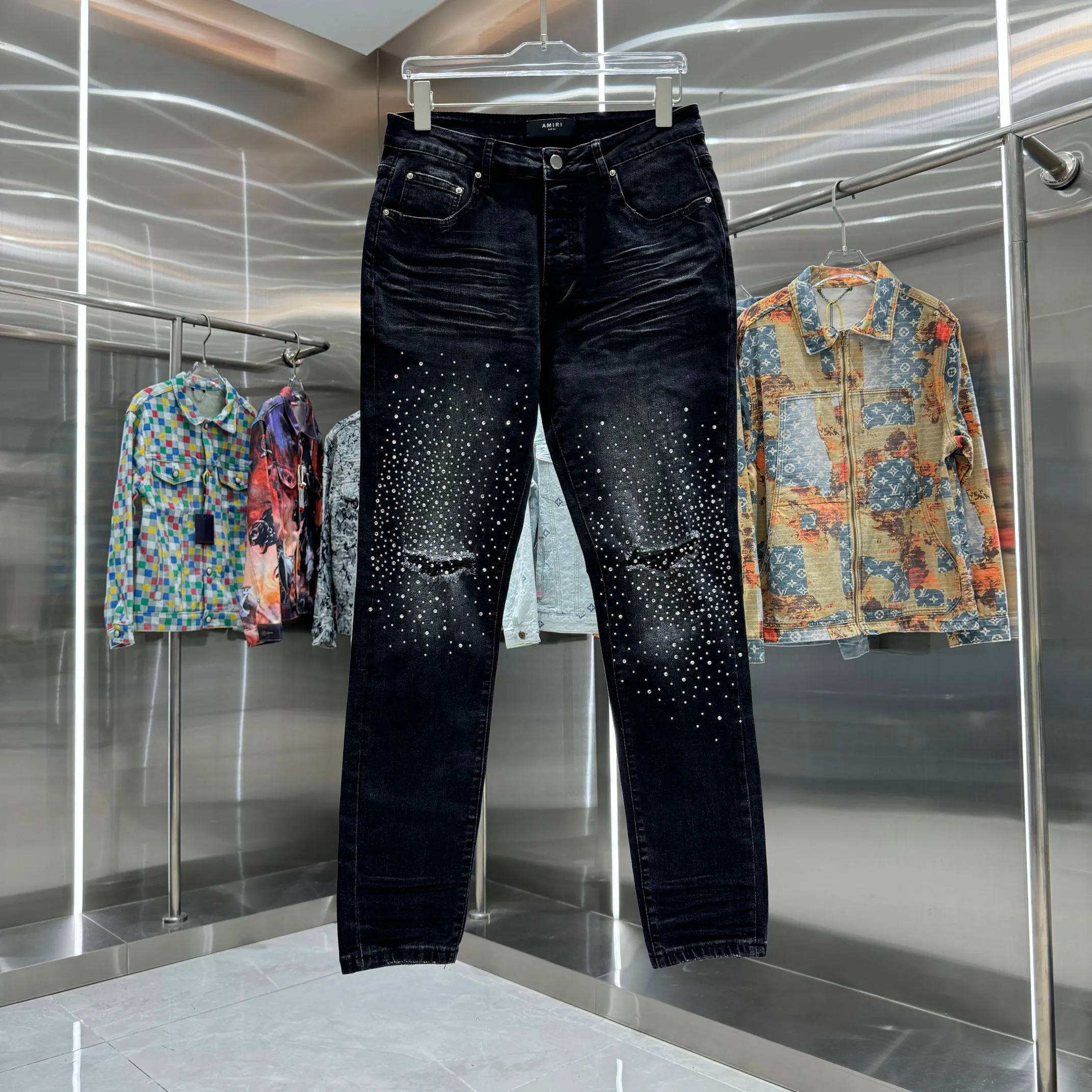 P280 Amiri ripped hole hot diamond craft street fashion slim fit stretch jeans color black size 30 32 34 36 38