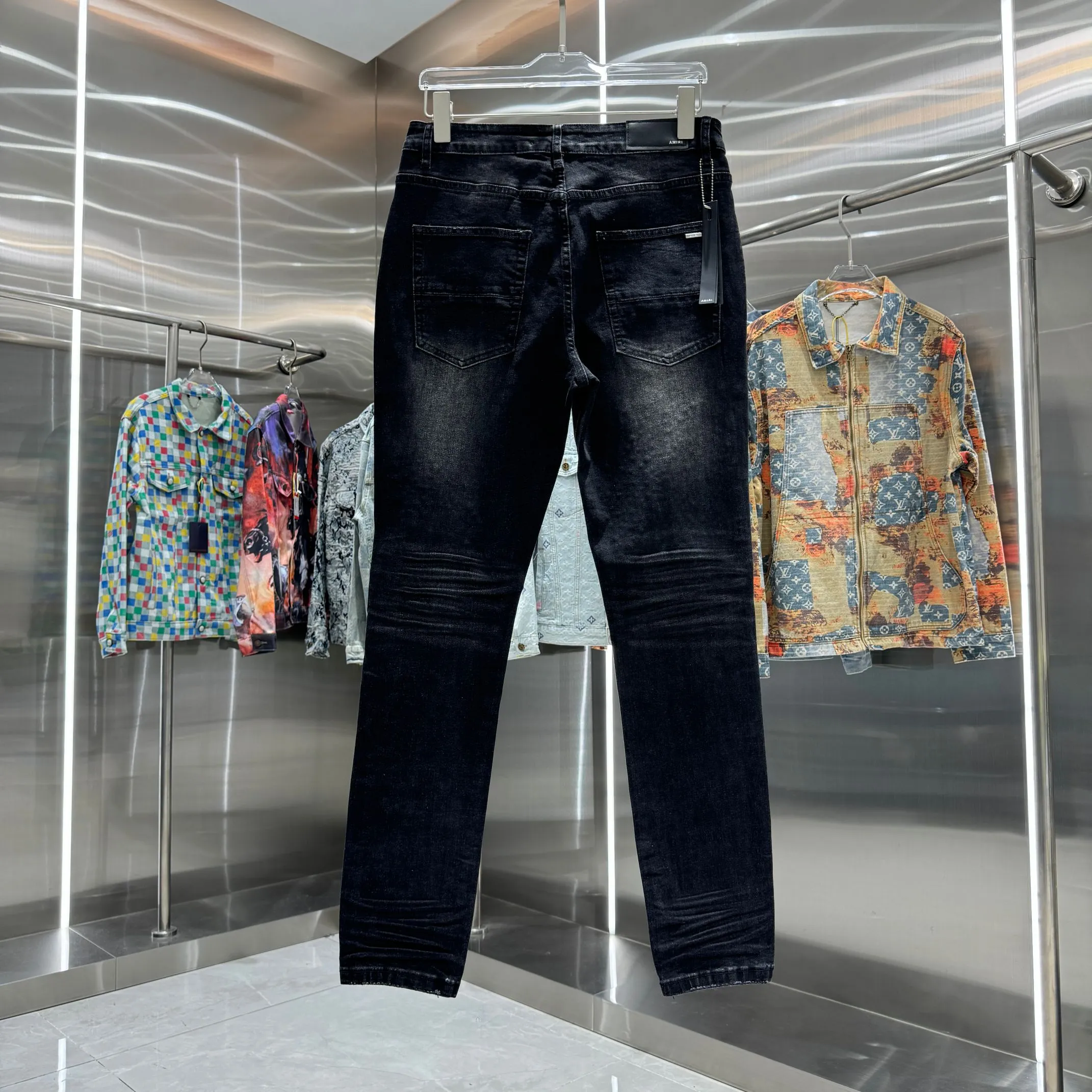 P280 Amiri ripped hole hot diamond craft street fashion slim fit stretch jeans color black size 30 32 34 36 38