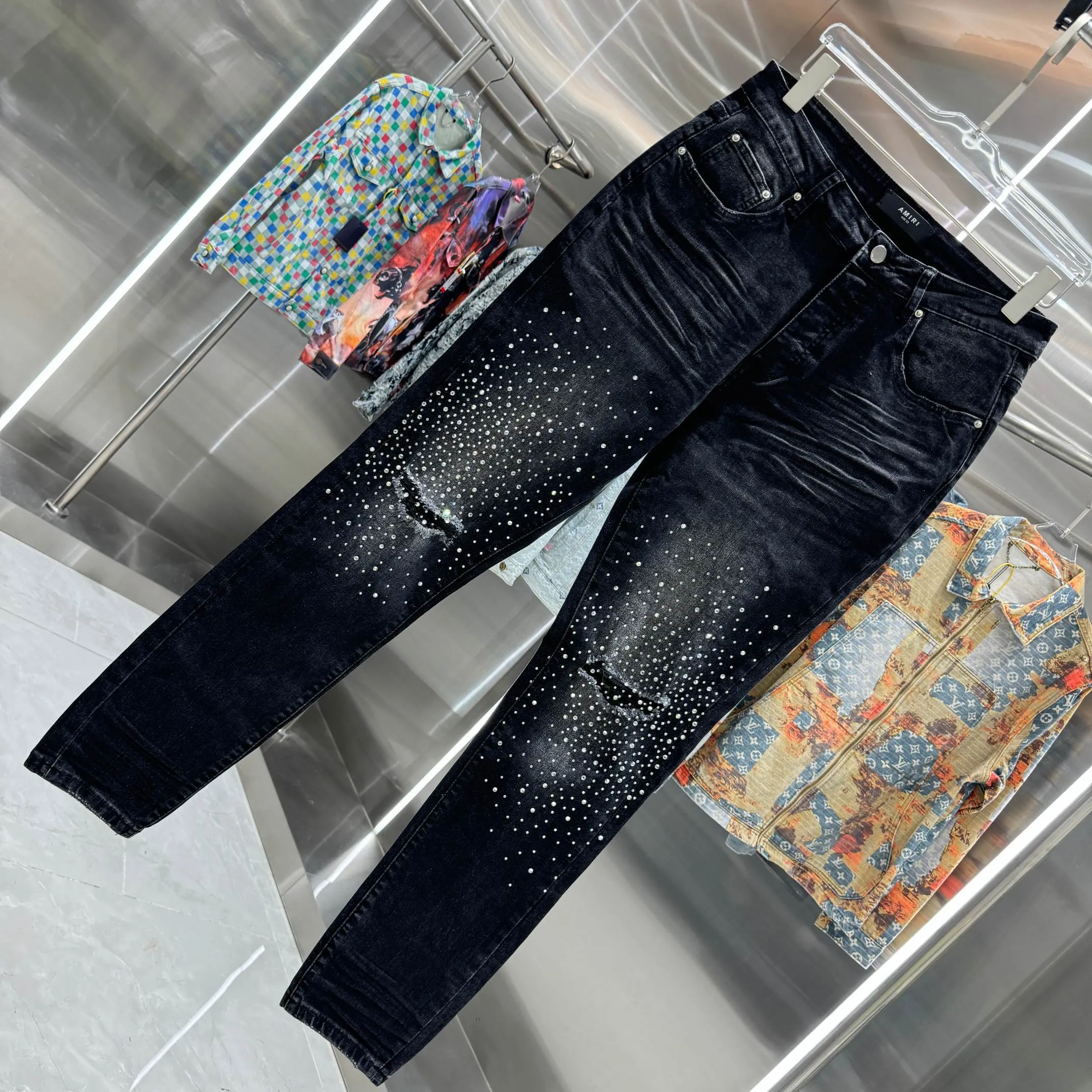 P280 Amiri ripped hole hot diamond craft street fashion slim fit stretch jeans color black size 30 32 34 36 38