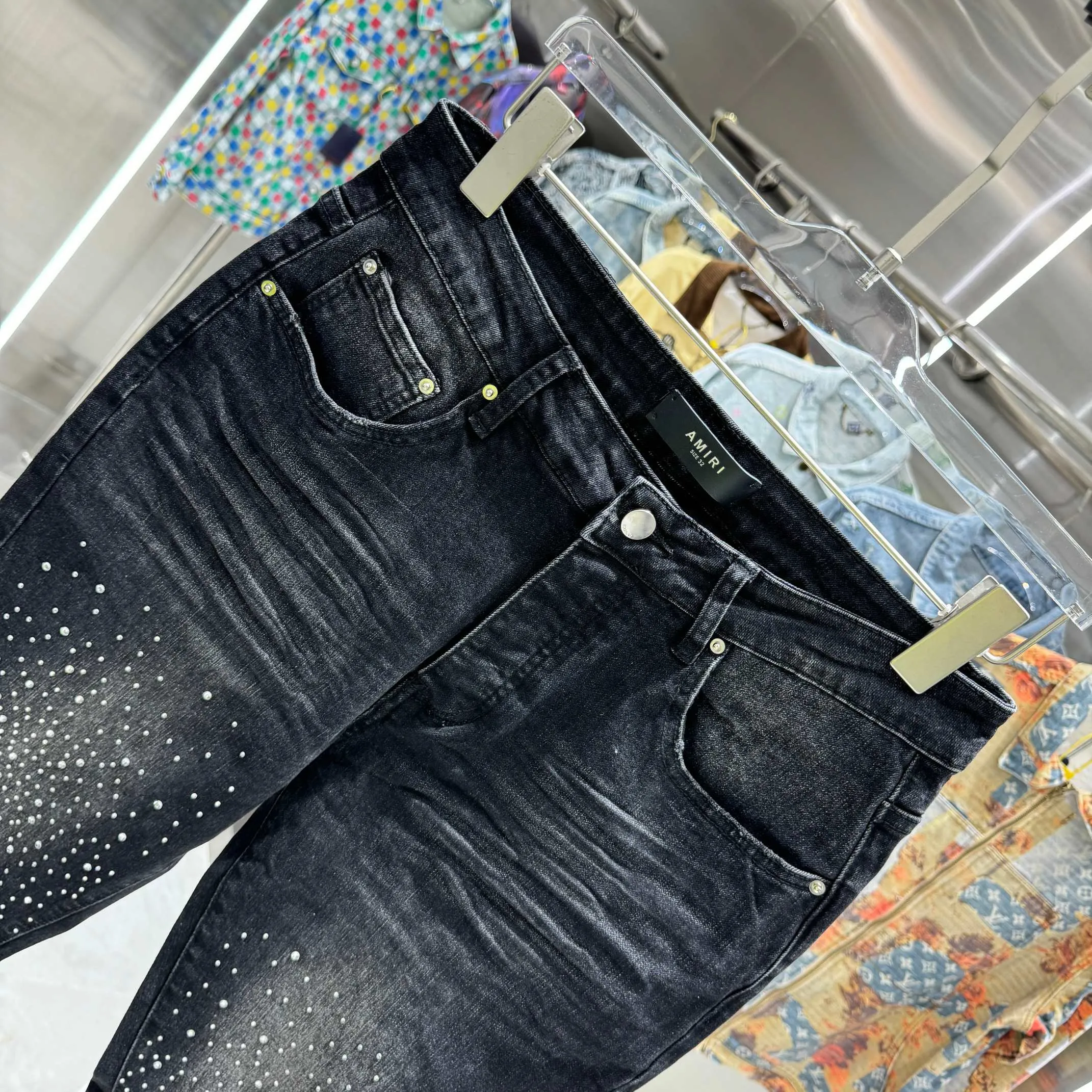 P280 Amiri ripped hole hot diamond craft street fashion slim fit stretch jeans color black size 30 32 34 36 38