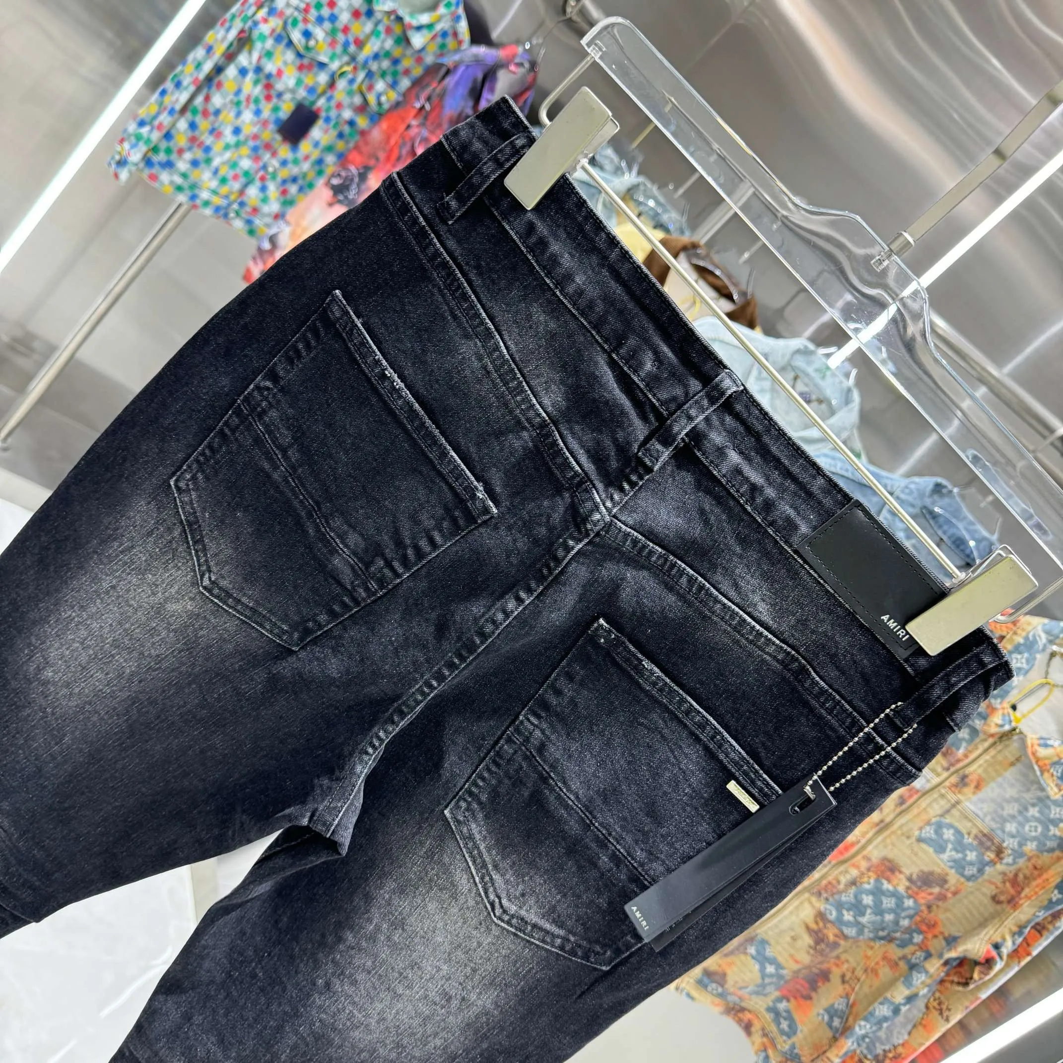 P280 Amiri ripped hole hot diamond craft street fashion slim fit stretch jeans color black size 30 32 34 36 38