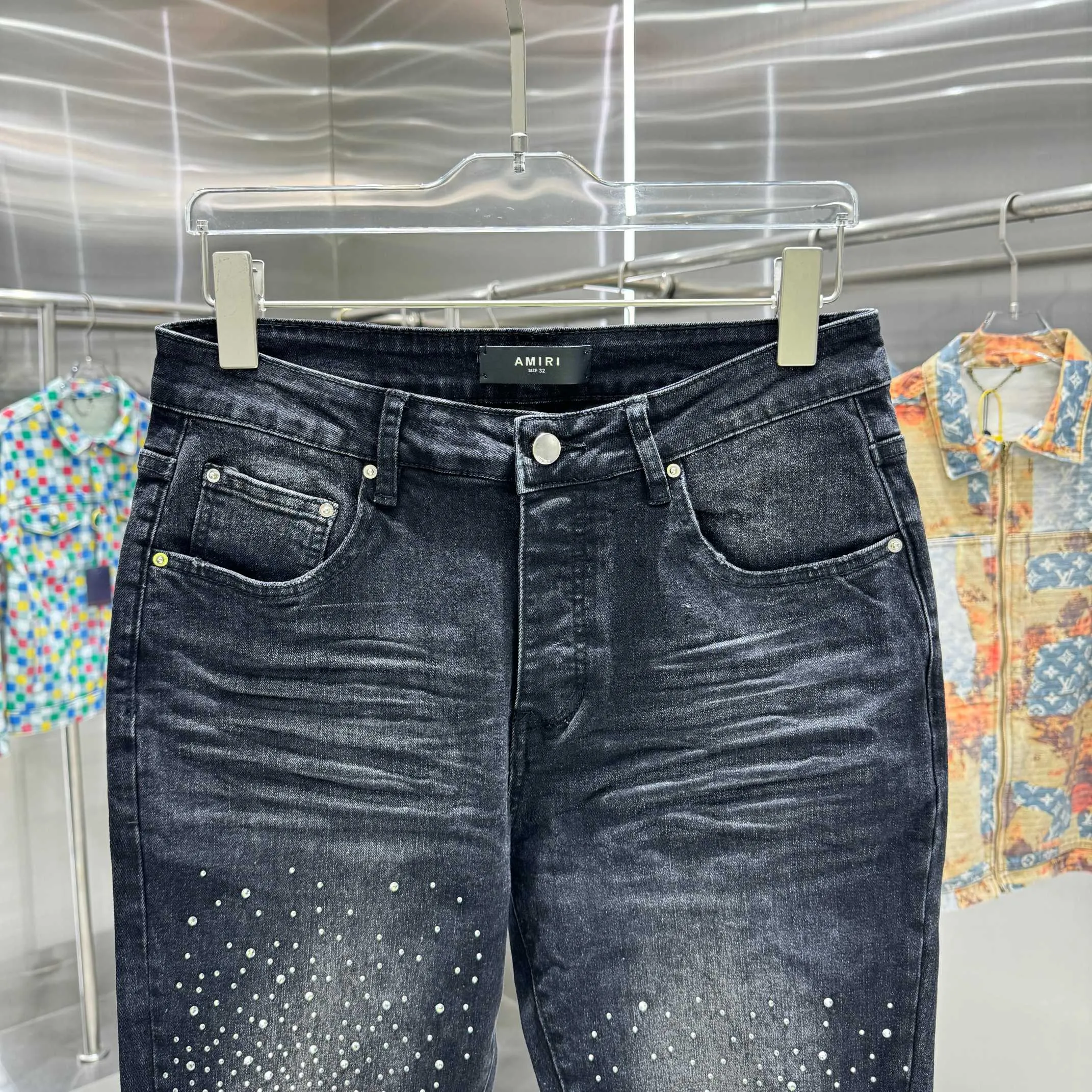 P280 Amiri ripped hole hot diamond craft street fashion slim fit stretch jeans color black size 30 32 34 36 38
