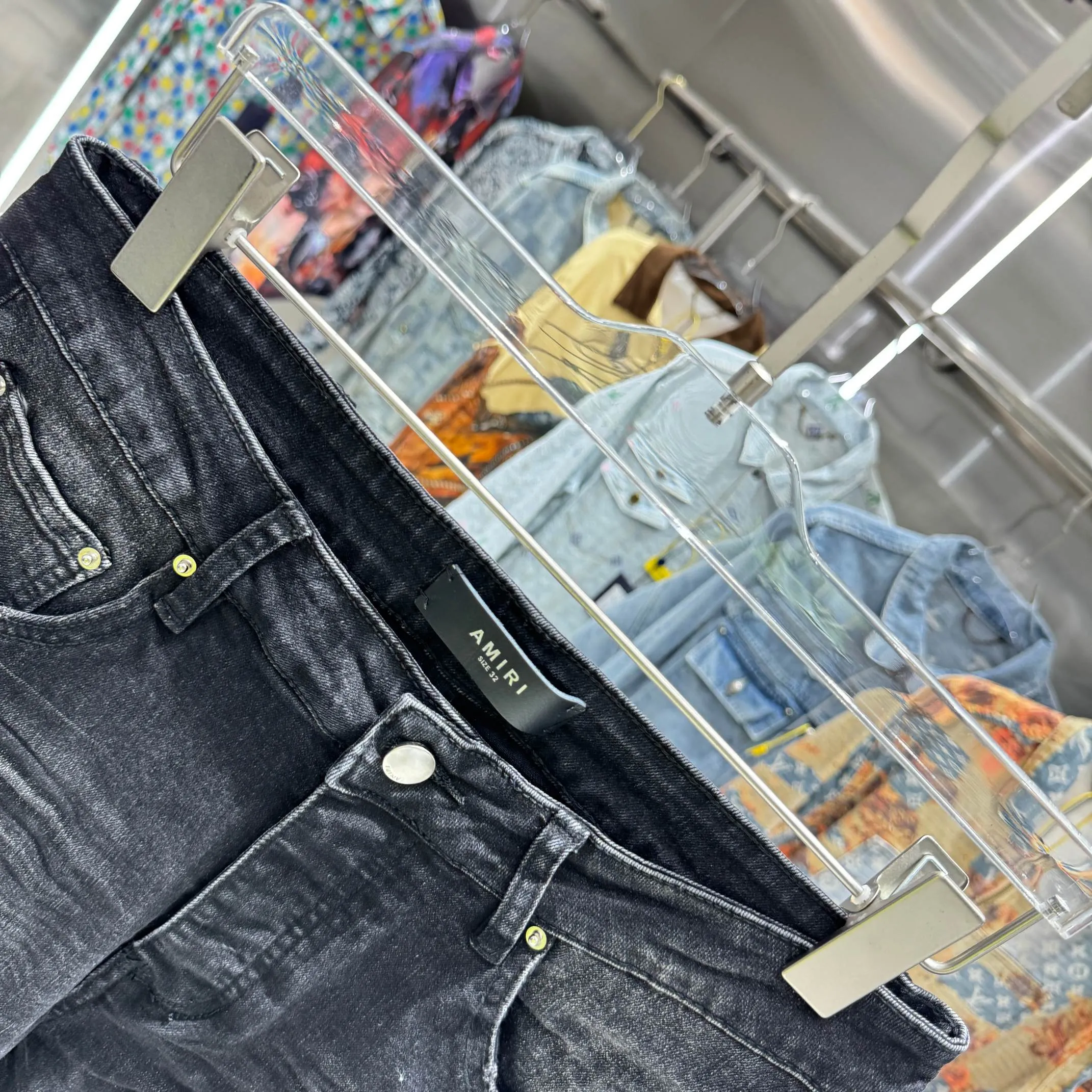 P280 Amiri ripped hole hot diamond craft street fashion slim fit stretch jeans color black size 30 32 34 36 38