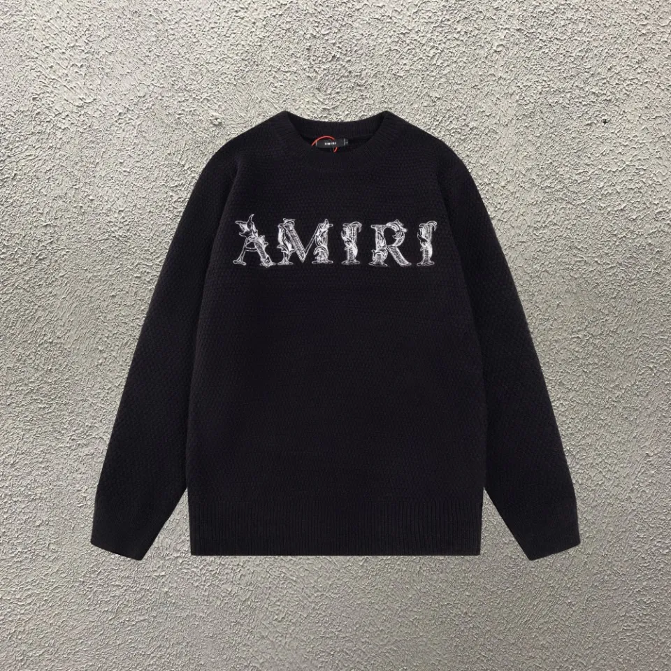 P300 top version AMIRI/AMIRI classic letter logo embroidered knitted casual crew neck sweater, same style for men and women, couple style - Color/Color: Black - Size/Size: S——XXL