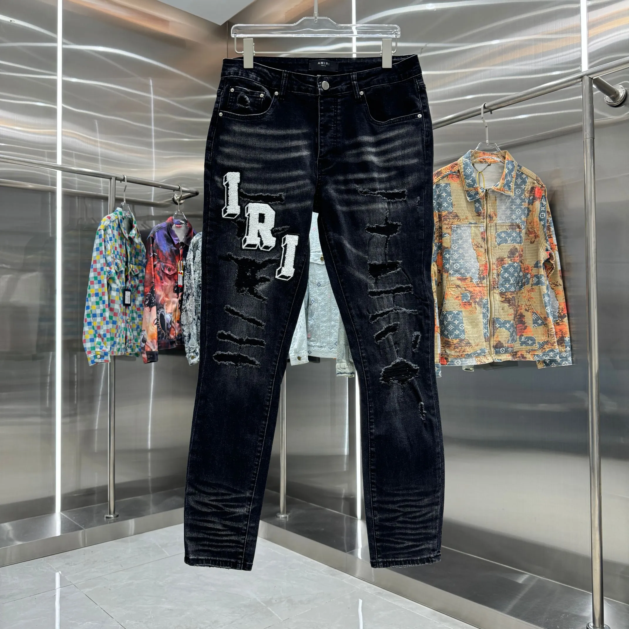 P290 Amiri ripped letter straight velvet embroidery craft street fashion slim fit stretch jeans Color Black Size 30 32 34 36 38