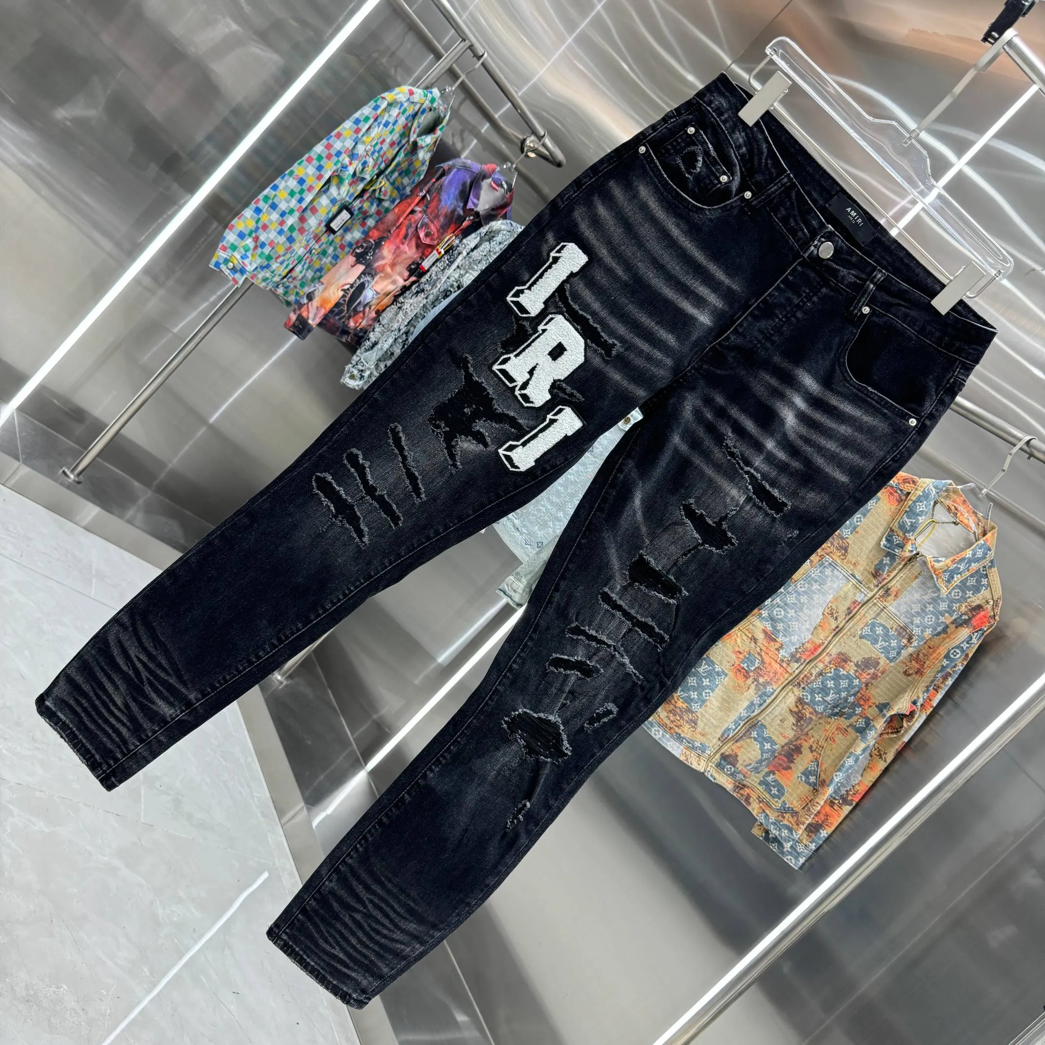 P290 Amiri ripped letter straight velvet embroidery craft street fashion slim fit stretch jeans Color Black Size 30 32 34 36 38