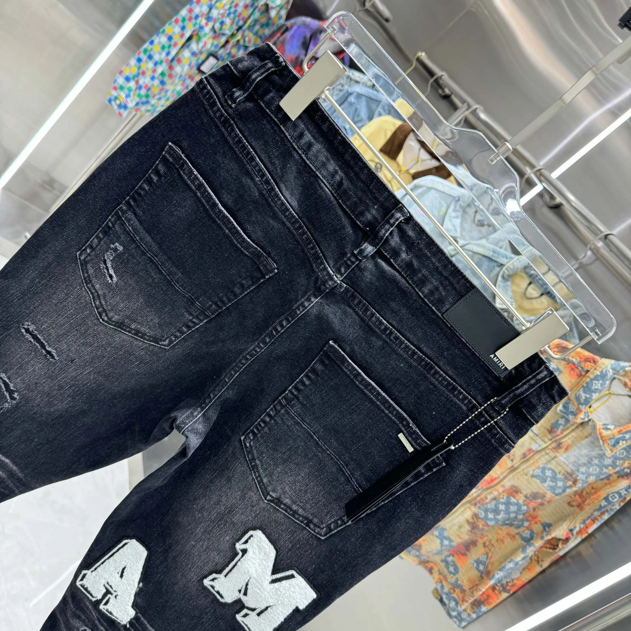 P290 Amiri ripped letter straight velvet embroidery craft street fashion slim fit stretch jeans Color Black Size 30 32 34 36 38