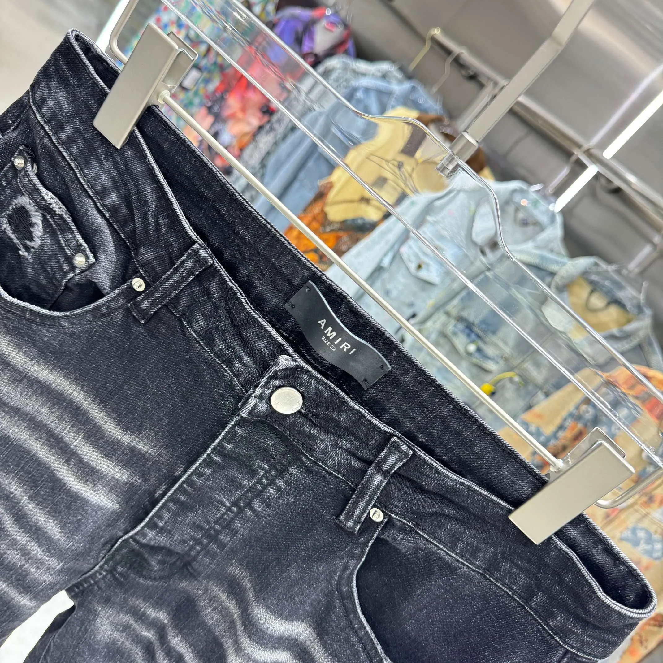 P290 Amiri ripped letter straight velvet embroidery craft street fashion slim fit stretch jeans Color Black Size 30 32 34 36 38
