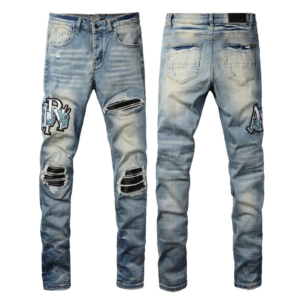 #M65 P168💰 AMIRI patch embroidery jeans trousers AMIRI high street basic ripped tight elastic jeans trousers amiri brand jeans break the production process and cutting of the original jeans, the fabrics are softer and more comfortable Hand-sewn collar label Customized logo buttons Genuine leather tag Color: Picture color Size: 30-32-34-36