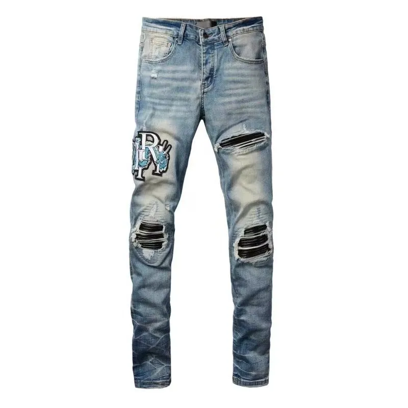 #M65 P168💰 AMIRI patch embroidery jeans trousers AMIRI high street basic ripped tight elastic jeans trousers amiri brand jeans break the production process and cutting of the original jeans, the fabrics are softer and more comfortable Hand-sewn collar label Customized logo buttons Genuine leather tag Color: Picture color Size: 30-32-34-36