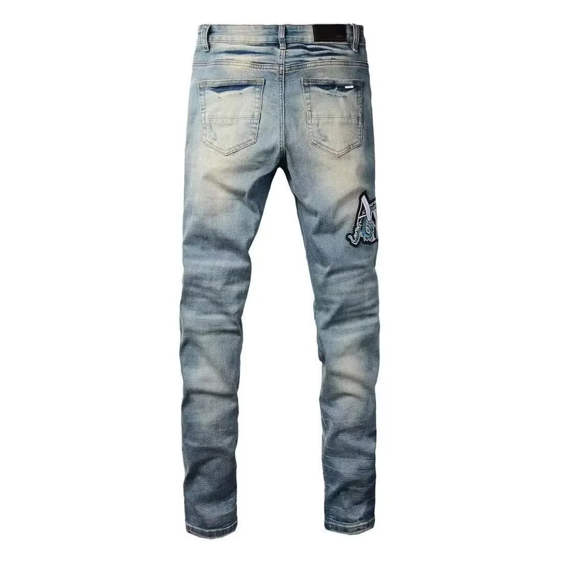 #M65 P168💰 AMIRI patch embroidery jeans trousers AMIRI high street basic ripped tight elastic jeans trousers amiri brand jeans break the production process and cutting of the original jeans, the fabrics are softer and more comfortable Hand-sewn collar label Customized logo buttons Genuine leather tag Color: Picture color Size: 30-32-34-36