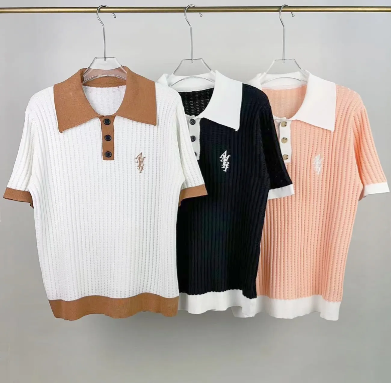 P210 🎉AMIRI new sweater short-sleeved POLO shirt, thin and breathable, embroidery on the chest, color: white black orange number: S M L XL XXL