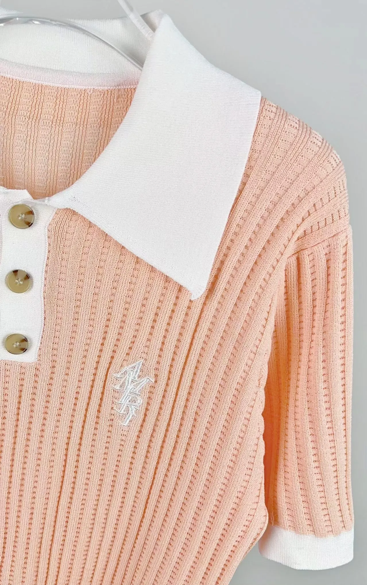 P210 🎉AMIRI new sweater short-sleeved POLO shirt, thin and breathable, embroidery on the chest, color: white black orange number: S M L XL XXL