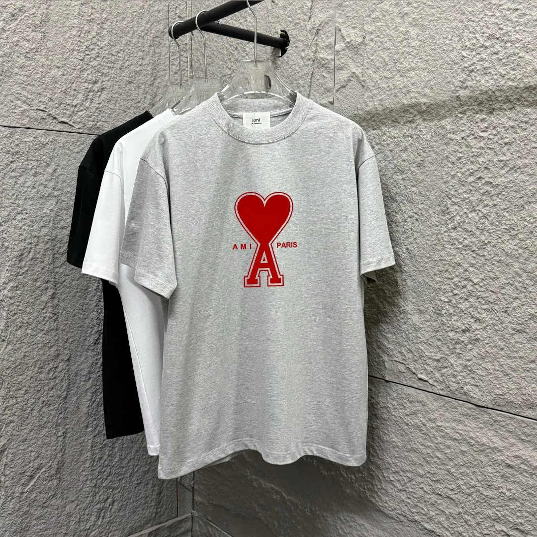 🅿️180 Ami* 2025 spring and summer new style Ami love letter red flocking Customized double yarn plain cotton fabric Short-sleeved T-shirt Uniform for men and women Color: black white floral gray Size: S (90-130 pounds) M (120-150 pounds) L (140-165 pounds) XL (160-180 pounds) XXL (180-210 pounds)