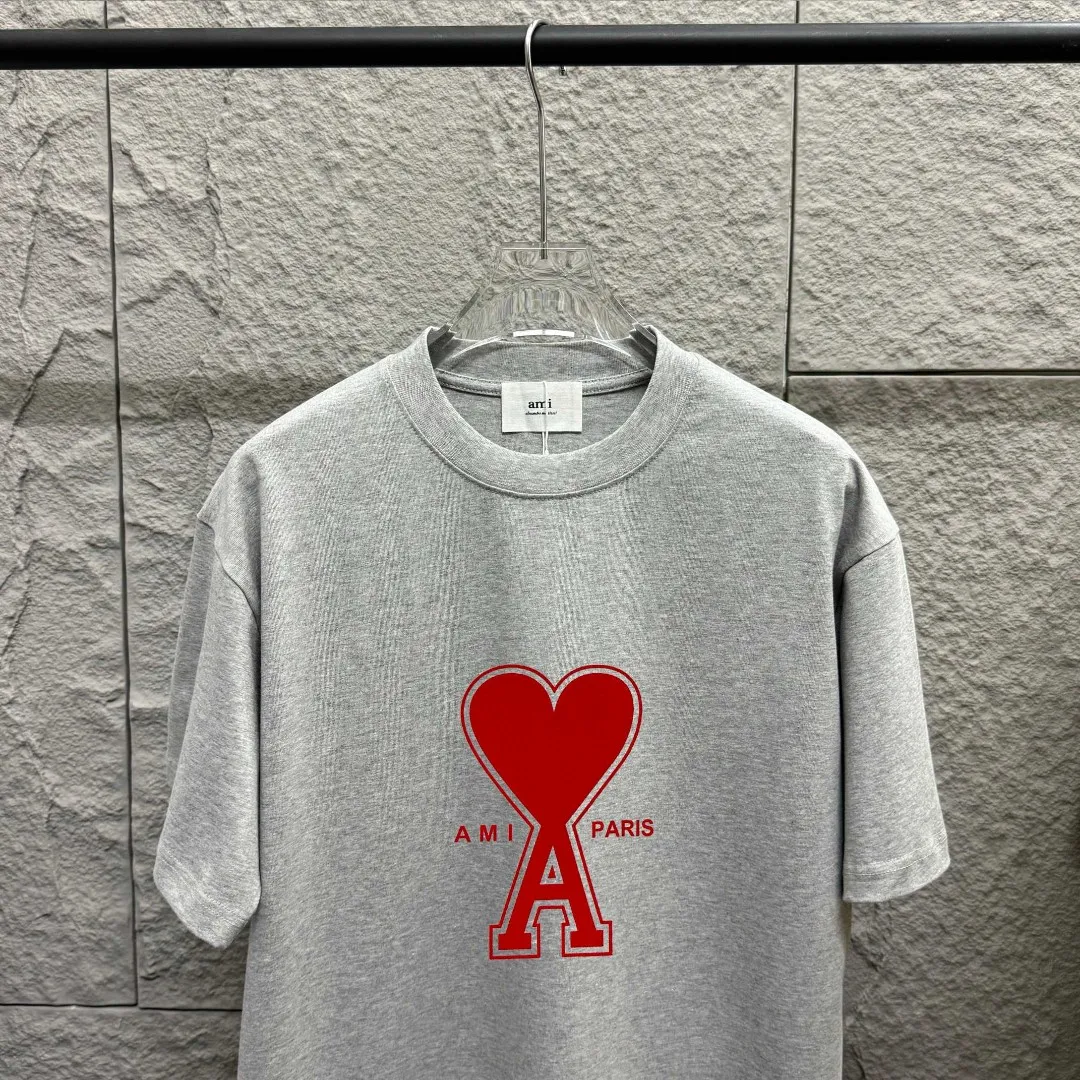 🅿️180 Ami* 2025 spring and summer new style Ami love letter red flocking Customized double yarn plain cotton fabric Short-sleeved T-shirt Uniform for men and women Color: black white floral gray Size: S (90-130 pounds) M (120-150 pounds) L (140-165 pounds) XL (160-180 pounds) XXL (180-210 pounds)