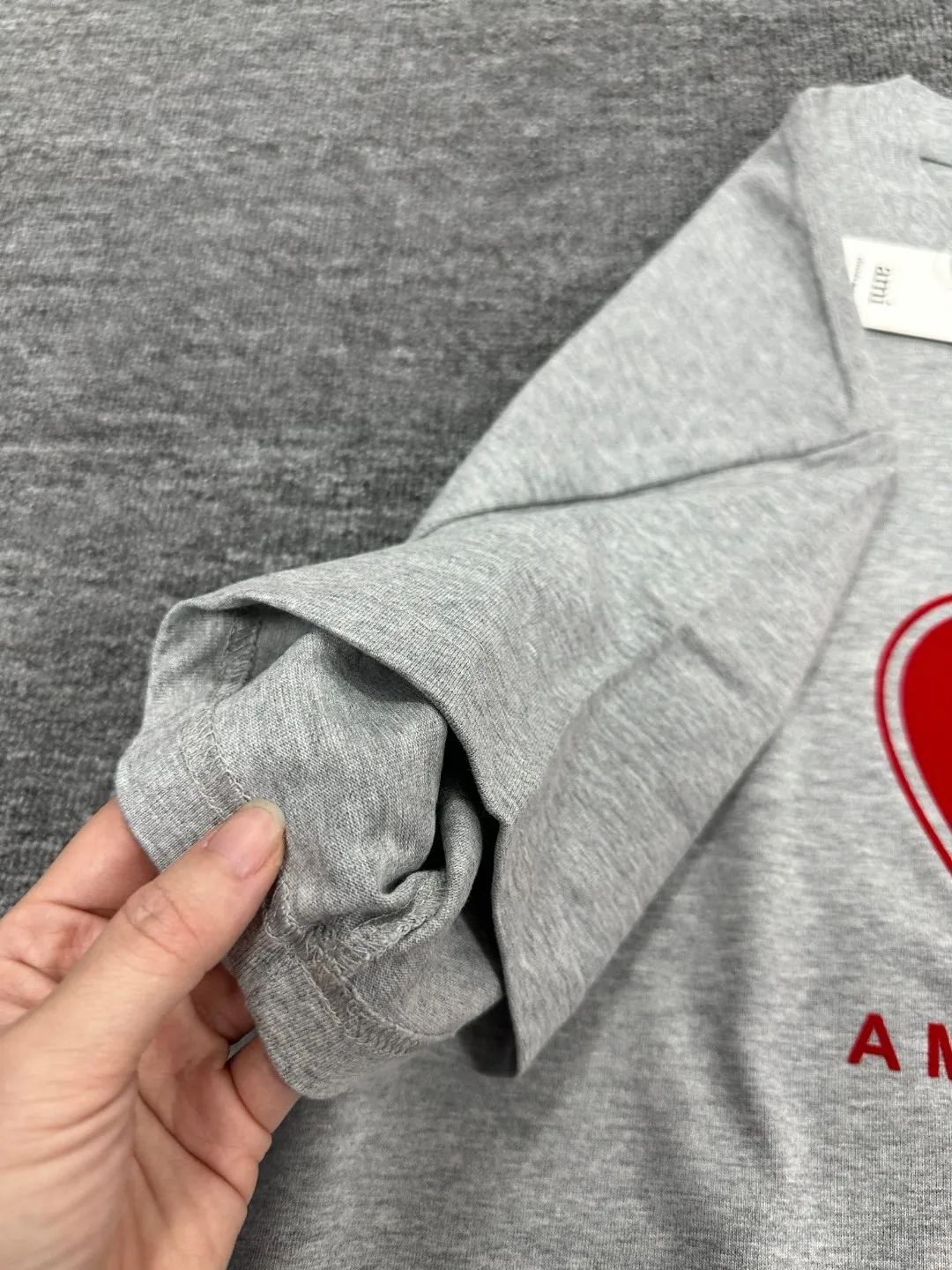 🅿️180 Ami* 2025 spring and summer new style Ami love letter red flocking Customized double yarn plain cotton fabric Short-sleeved T-shirt Uniform for men and women Color: black white floral gray Size: S (90-130 pounds) M (120-150 pounds) L (140-165 pounds) XL (160-180 pounds) XXL (180-210 pounds)