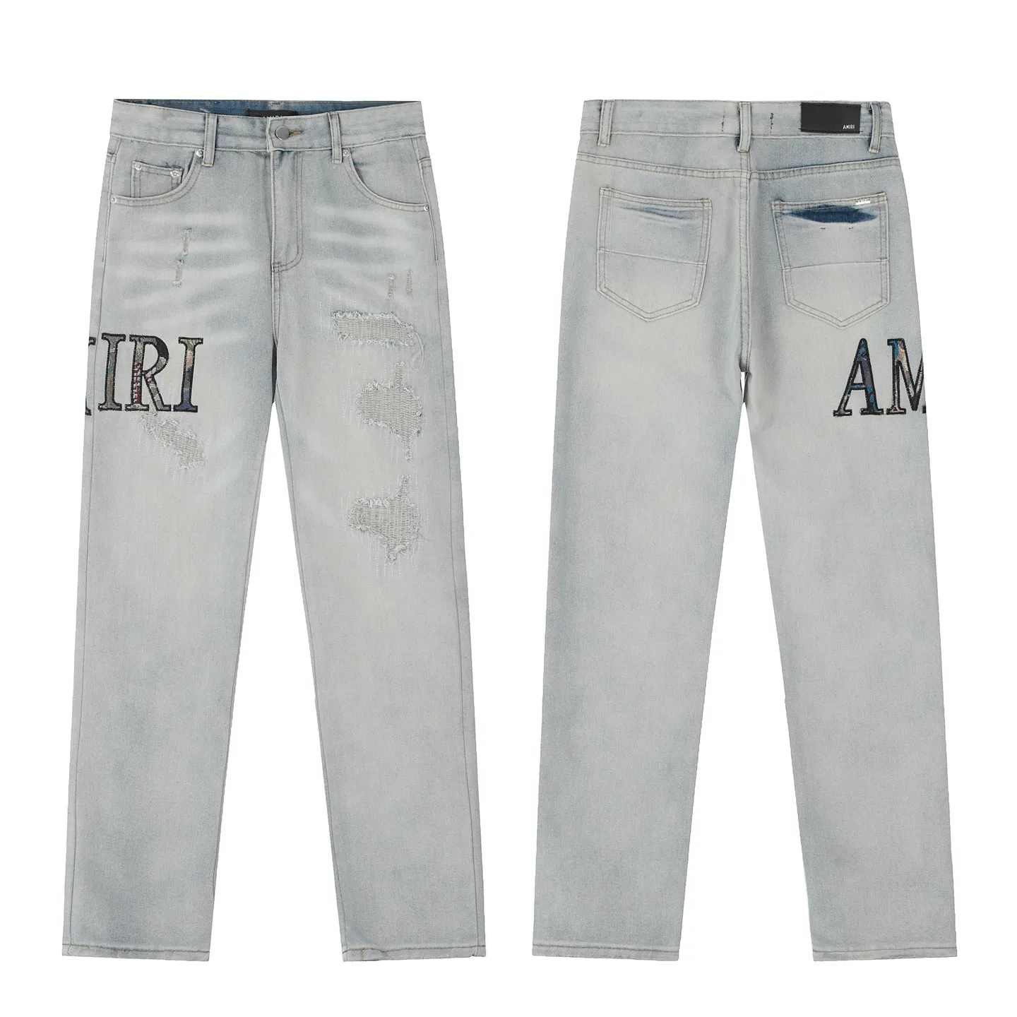 #M48 P168💰 Amiri classic embroidered patched leather distressed lettered jeans, slim fit jeans, produced by a major washed factory, full of high-end feel, partially destroyed knee design with leather patchwork design, has been used as a facade design, leather waist nameplate, the focus of this style is not on the washing, but on the destroyed shape and version. The secret lies in the craftsmanship of the master. The cost of post-processing, grinding, cutting, etc. is far beyond the cost of assembly line products. Color: Picture color Size: 30-32-34-36