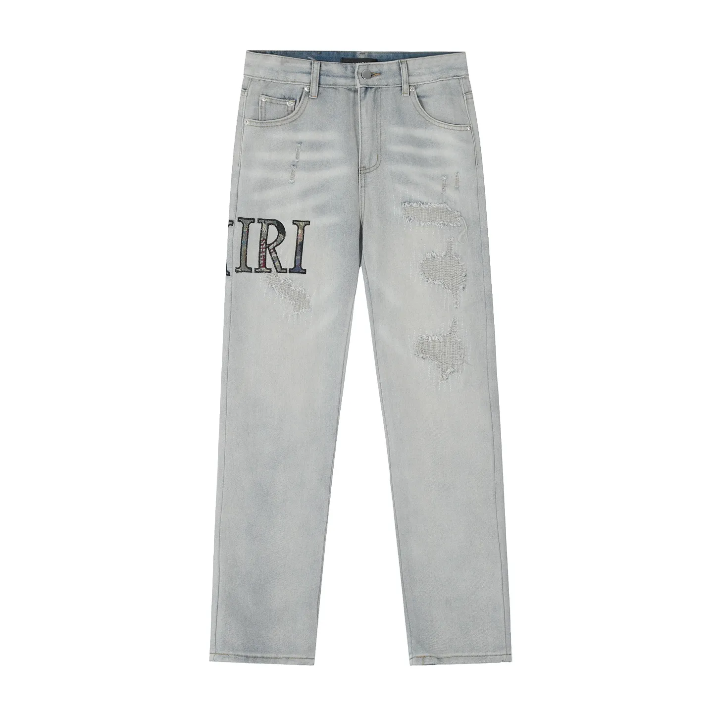 #M48 P168💰 Amiri classic embroidered patched leather distressed lettered jeans, slim fit jeans, produced by a major washed factory, full of high-end feel, partially destroyed knee design with leather patchwork design, has been used as a facade design, leather waist nameplate, the focus of this style is not on the washing, but on the destroyed shape and version. The secret lies in the craftsmanship of the master. The cost of post-processing, grinding, cutting, etc. is far beyond the cost of assembly line products. Color: Picture color Size: 30-32-34-36
