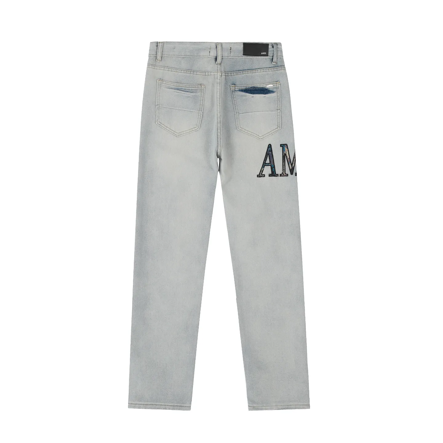 #M48 P168💰 Amiri classic embroidered patched leather distressed lettered jeans, slim fit jeans, produced by a major washed factory, full of high-end feel, partially destroyed knee design with leather patchwork design, has been used as a facade design, leather waist nameplate, the focus of this style is not on the washing, but on the destroyed shape and version. The secret lies in the craftsmanship of the master. The cost of post-processing, grinding, cutting, etc. is far beyond the cost of assembly line products. Color: Picture color Size: 30-32-34-36