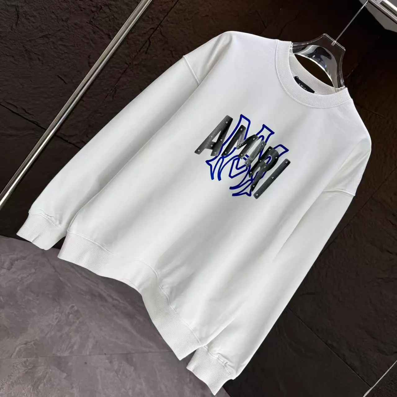 P210 AMIRI* 2025 autumn and winter new round neck sweatshirt 400g terry cotton letter flocking➕3D printing Color: Black White Gray Dark Blue Size: S M L XL XXL