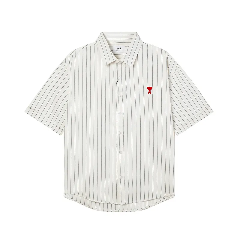AMI Paris classic autumn red love heart embroidered on the chest. Casual cotton large striped short-sleeved Oxford shirt. Original custom-made 180g pure cotton fabric. Loose off-shoulder version. Same style for men and women. Color: black and white, blue and white. Size: S-XL.