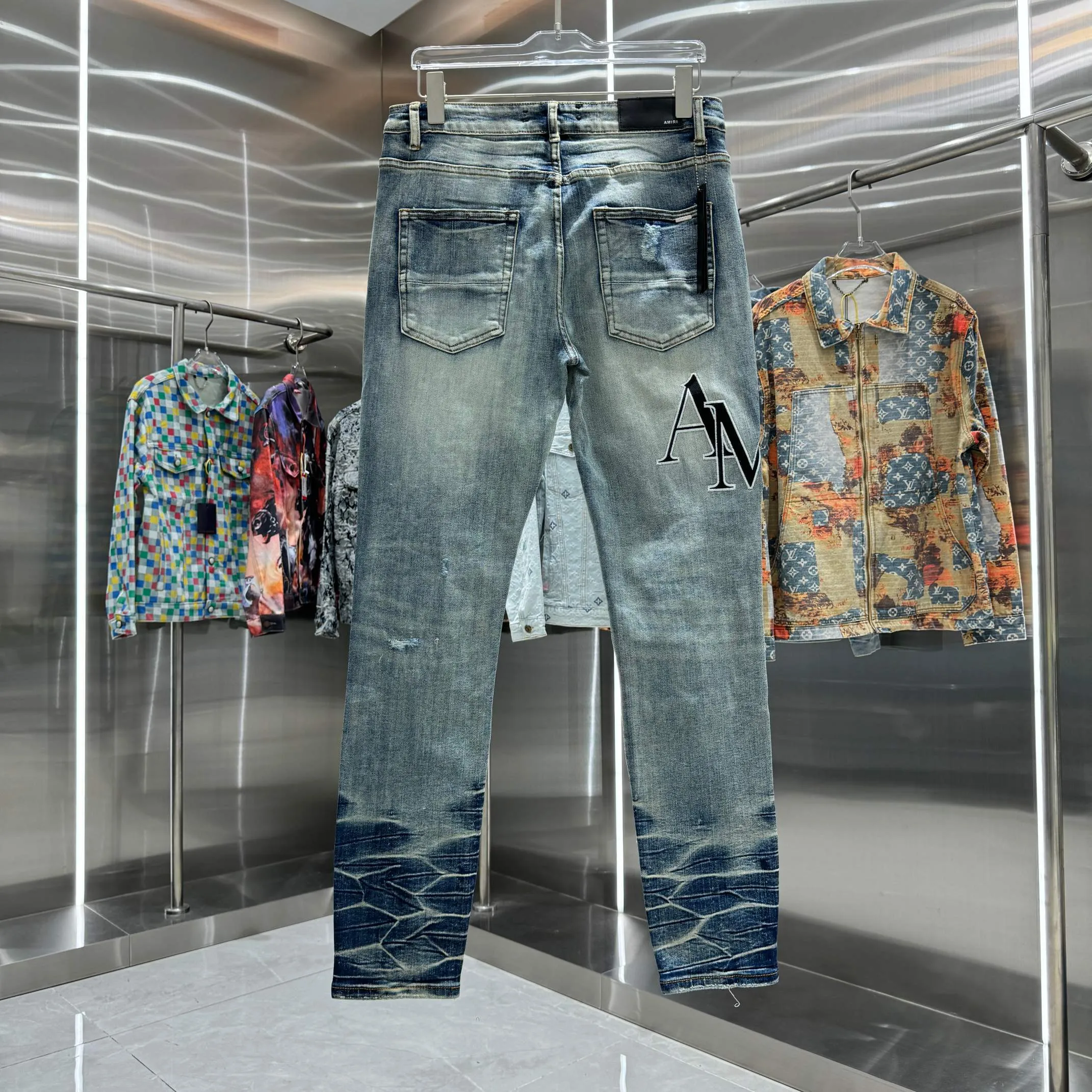P280 Amiri ripped letter embroidery craft street fashion slim fit stretch jeans color blue size 30 32 34 36 38