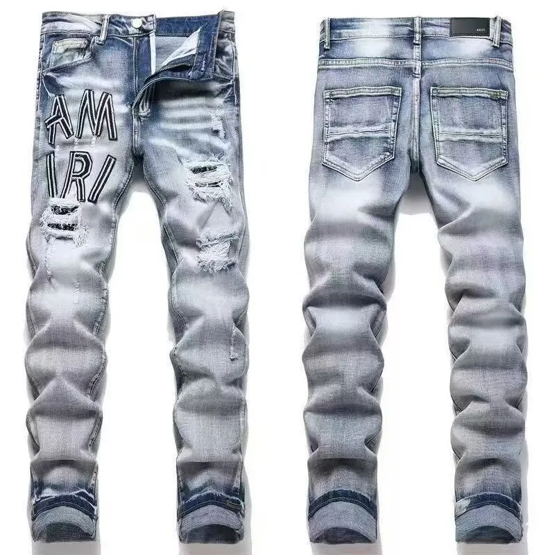 #M12 P168💰 AMIRI patch embroidery jeans trousers AMIRI high street basic ripped tight elastic jeans trousers amiri brand jeans break the production process and cutting of the original jeans, the fabrics are softer and more comfortable Hand-sewn collar label Customized logo buttons Genuine leather tag Color: Picture color Size: 30-32-34-36