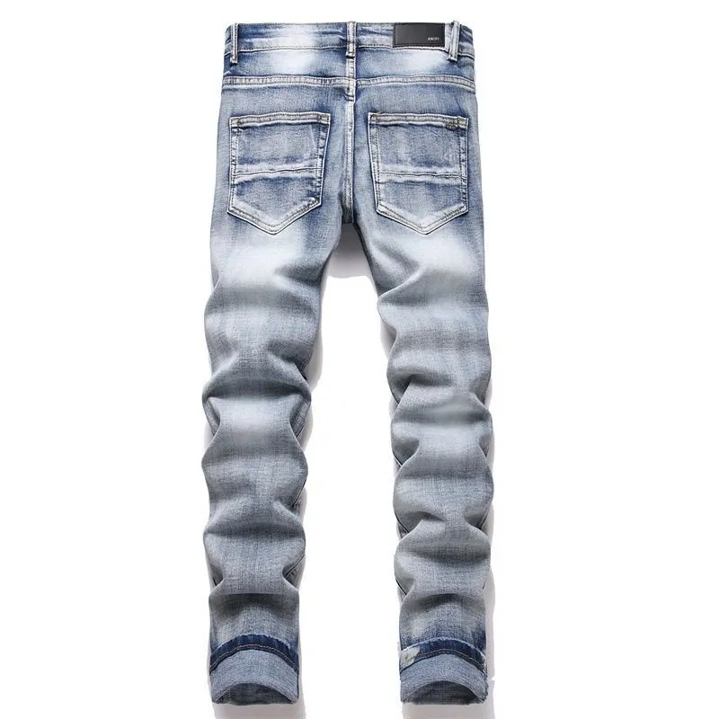 #M12 P168💰 AMIRI patch embroidery jeans trousers AMIRI high street basic ripped tight elastic jeans trousers amiri brand jeans break the production process and cutting of the original jeans, the fabrics are softer and more comfortable Hand-sewn collar label Customized logo buttons Genuine leather tag Color: Picture color Size: 30-32-34-36