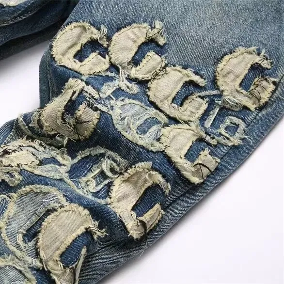 #M13 P168💰 Heavyweight AMIRI MX1 💎High Street Jeans Slim Fit Stretch Washed Knife Cut Hole Trousers FOG High Street Men's Fashion AMIRI Embroidered Patch Jeans amiri is transliterated as Emil, which is the name of the founder. Mike Amiri, the founder of amiri, grew up in Los Angeles, USA, and was influenced by local street culture and Punk Rock since he was a child. Due to his influence, he founded the amiri brand named after himself. A variety of trendy clothing meets the needs of different fashion players. Amiri clothing has novel and unique styles and is a well-known street brand in the United States. The styles and styles of many clothes are loved by many street photographers. The various clothing styles meet the dressing needs of different people, show their unique temperament, and show the trend of dressing. amiri's jeans are relatively famous. Not only do they have many styles, but the quality of the jeans is also very good. Many celebrities have also worn amiri brand jeans.  The jeans of the amiri brand break through the production process and cutting of the original jeans. The fabrics are relatively soft and comfortable, and are not as hard as some jeans, which can irritate the skin and cause the skin to bleed when worn. Los Angeles trendy brand Amiri's jeans are made with great detail from tailoring to texture, adding wrinkles, bullet holes, damage and other details to add to the trendiness of the jeans. You can choose the style that suits you according to your own needs. Only when you wear a suitable style can you have a certain sense of fashion.  In recent years, high street has become a word that appears more and more frequently in men's clothing. High street style has also become an important direction for everyone's matching. High street-related items basically cannot avoid oversize or drop-shoulder tops. The lower body is matched with trackpants or tight-fitting denim. Among them, in my opinion, the most representative one is perhaps annihilation. What I bring to you today is the MX1 patchwork denim worn by many Internet celebrities in Xiaohongshu. It is operated by a Ningbo washing factory. Front and back. The trousers have a beautiful fading color with cat whiskers. Full of high-end feel. Knee-part damage design with leather patchwork design. Already used as facade design. Leather waist nameplate. Customized crotch placket hardware. Engraving and molding. The focus of this style is not on washing, but on the shape and version of the damage. The secret lies in the craftsmanship of the master. The cost of hand-made products such as fraying, machining, knife cutting, etc. is far beyond comparison with assembly line products. Color: Picture color Size: 30-32-34-36