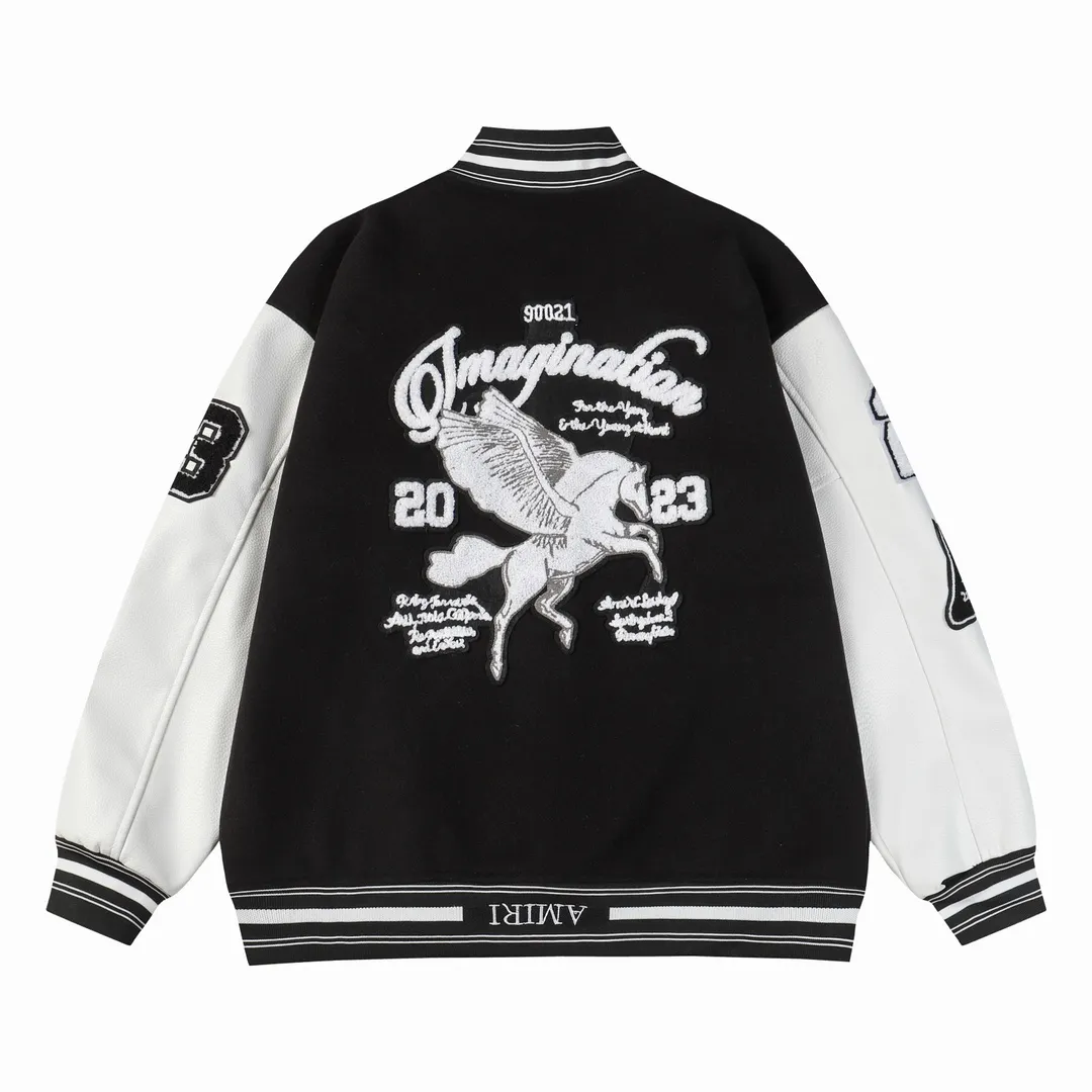 P390 -Amiri2024ss Tianma embroidered baseball jacket -Using towel embroidery technology, pocket hardware zipper design, full of uniqueness -700g dragon and phoenix nylon and litchi pattern PU collide💥 Fashionable and versatile M L Xl xxl