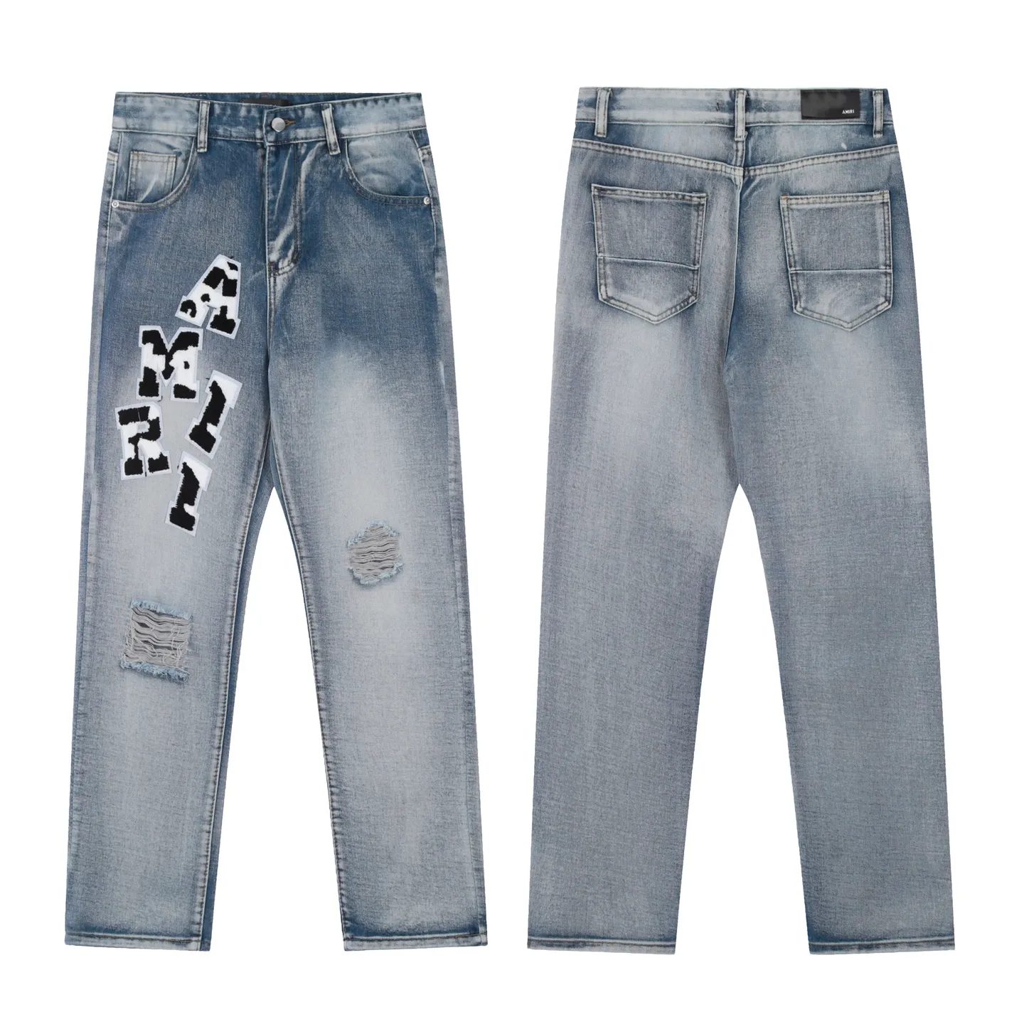 #M41 P168💰 Amiri classic embroidered patched leather ripped letter jeans, slim fit jeans, produced by a major washed factory, full of high-end feel, partially destroyed knee design with patchwork leather design, has been used as a facade design, leather waist nameplate, the focus of this style is not on the washing, but on the destroyed shape and version. The secret lies in the craftsmanship of the master. The cost of post-processing, grinding, cutting, etc. is far beyond the cost of assembly line products. Color: Picture color Size: 30-32-34-36