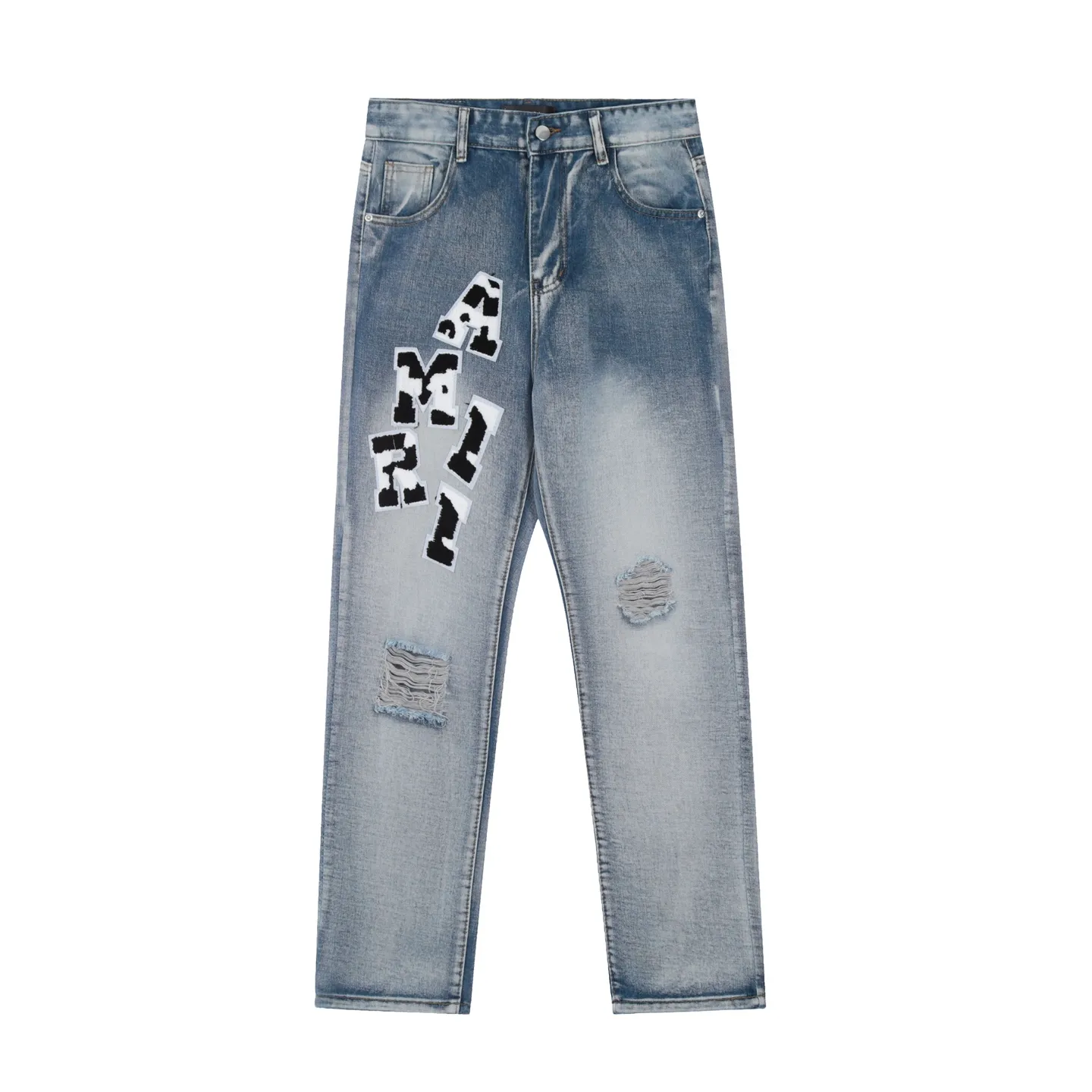 #M41 P168💰 Amiri classic embroidered patched leather ripped letter jeans, slim fit jeans, produced by a major washed factory, full of high-end feel, partially destroyed knee design with patchwork leather design, has been used as a facade design, leather waist nameplate, the focus of this style is not on the washing, but on the destroyed shape and version. The secret lies in the craftsmanship of the master. The cost of post-processing, grinding, cutting, etc. is far beyond the cost of assembly line products. Color: Picture color Size: 30-32-34-36