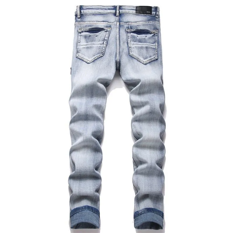 #N02 P186💰 AMIRI patch embroidery jeans trousers AMIRI high street basic ripped tight elastic jeans trousers amiri brand jeans break the production process and cutting of the original jeans, the fabrics are softer and more comfortable Hand-sewn collar label Customized logo buttons Genuine leather tag Color: Picture color Size: 30-32-34-36
