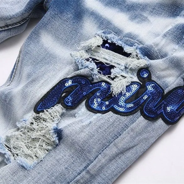 #N02 P186💰 AMIRI patch embroidery jeans trousers AMIRI high street basic ripped tight elastic jeans trousers amiri brand jeans break the production process and cutting of the original jeans, the fabrics are softer and more comfortable Hand-sewn collar label Customized logo buttons Genuine leather tag Color: Picture color Size: 30-32-34-36
