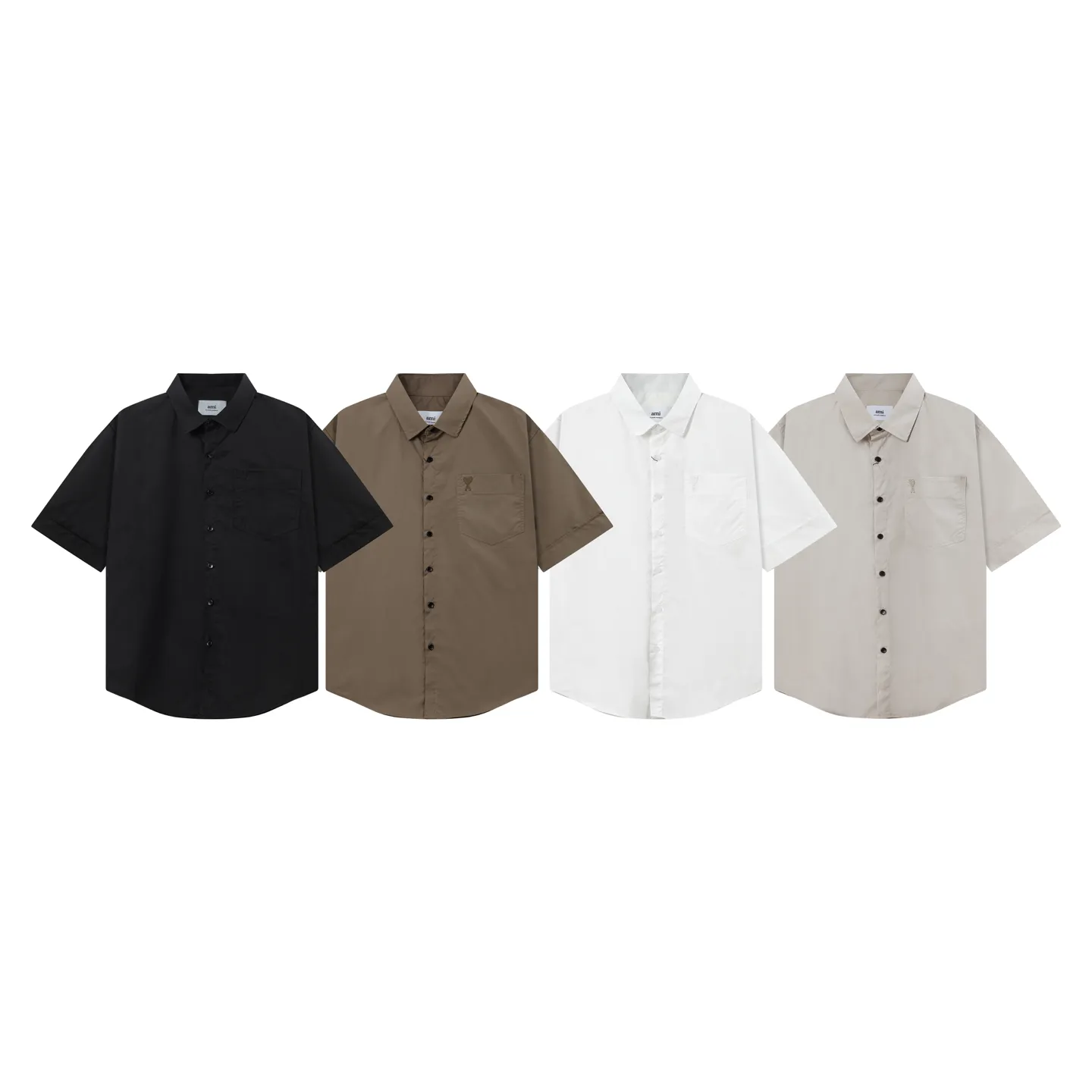 2212# AMI Paris Classic autumn chest pocket same color ADC love embroidered LOGO casual cotton solid color short sleeves Original customized 180g pure cotton fabric Loose off-shoulder version Same style for men and women Color: Black White Apricot Milk Tea Gray Size: S-XL