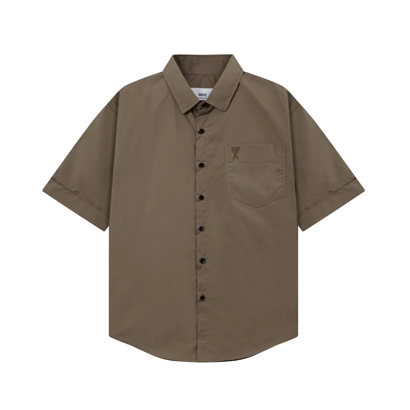 2212# AMI Paris Classic autumn chest pocket same color ADC love embroidered LOGO casual cotton solid color short sleeves Original customized 180g pure cotton fabric Loose off-shoulder version Same style for men and women Color: Black White Apricot Milk Tea Gray Size: S-XL