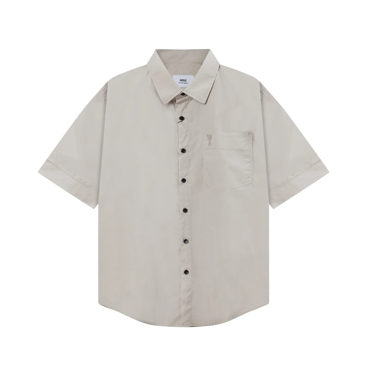 2212# AMI Paris Classic autumn chest pocket same color ADC love embroidered LOGO casual cotton solid color short sleeves Original customized 180g pure cotton fabric Loose off-shoulder version Same style for men and women Color: Black White Apricot Milk Tea Gray Size: S-XL