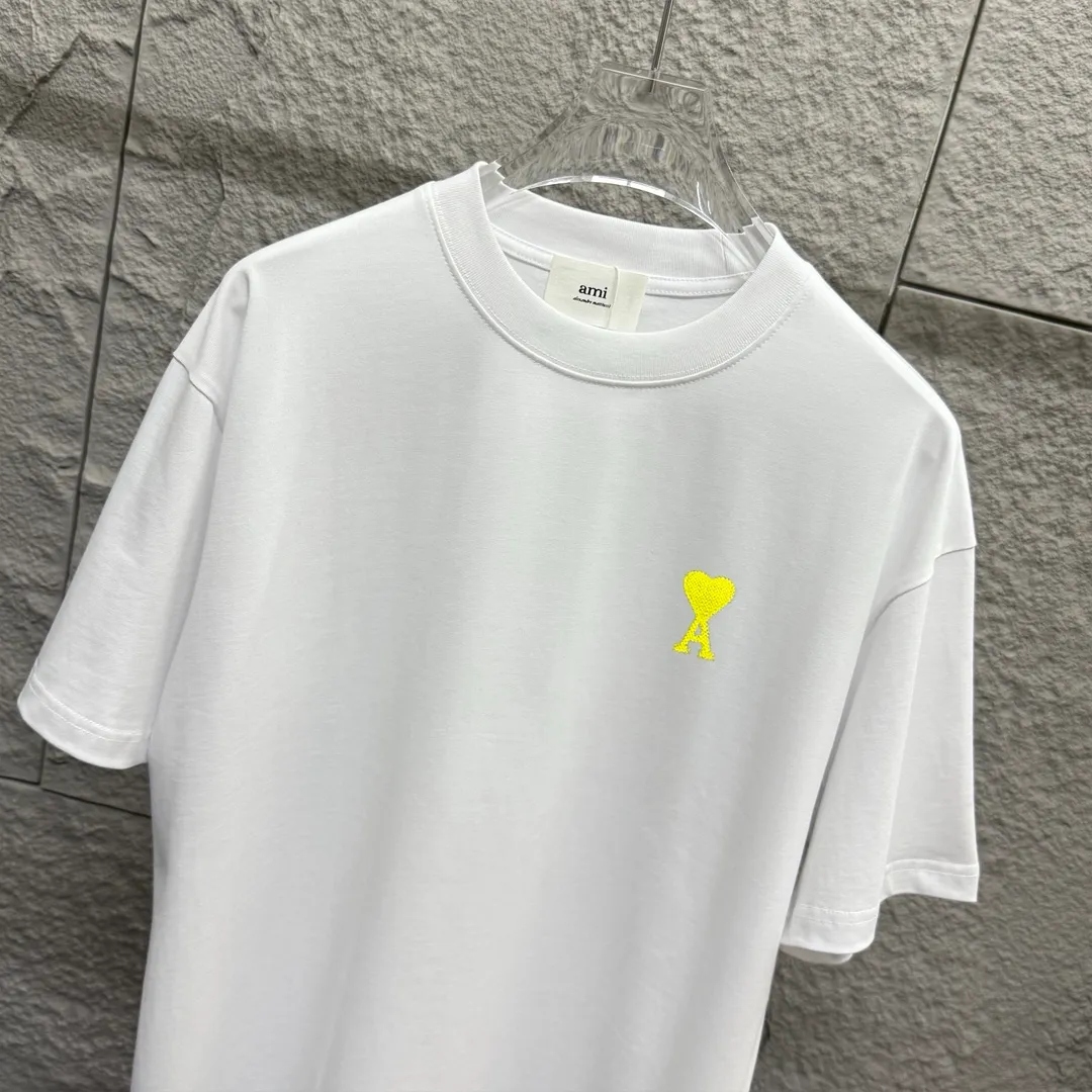 🅿️180 Ami* 2025 Spring and Summer New Style Embroidered yellow little love Customized double yarn plain cotton fabric Short-sleeved T-shirt Uniform for men and women Color: Black White Floral Gray Angora Red Size: S (90-130 catties) M (120-150 catties) L (140-165 catties) XL (160-180 catties) XXL (180-210 pounds)
