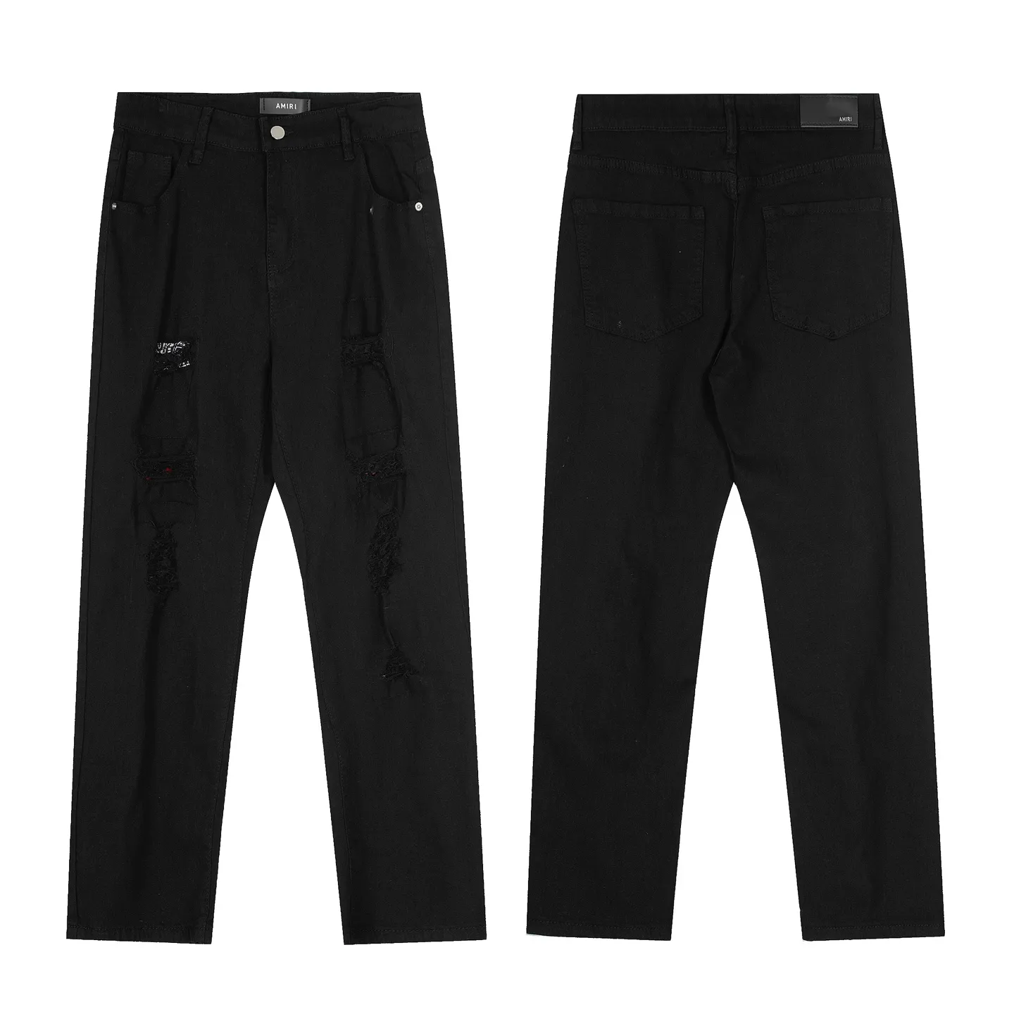 #M61 P168💰 AMIRI patch embroidery jeans trousers AMIRI high street basic ripped tight elastic jeans trousers amiri brand jeans break the production process and cutting of the original jeans, the fabrics are softer and more comfortable Hand-sewn collar label Customized logo buttons Genuine leather tag Color: Picture color Size: 30-32-34-36