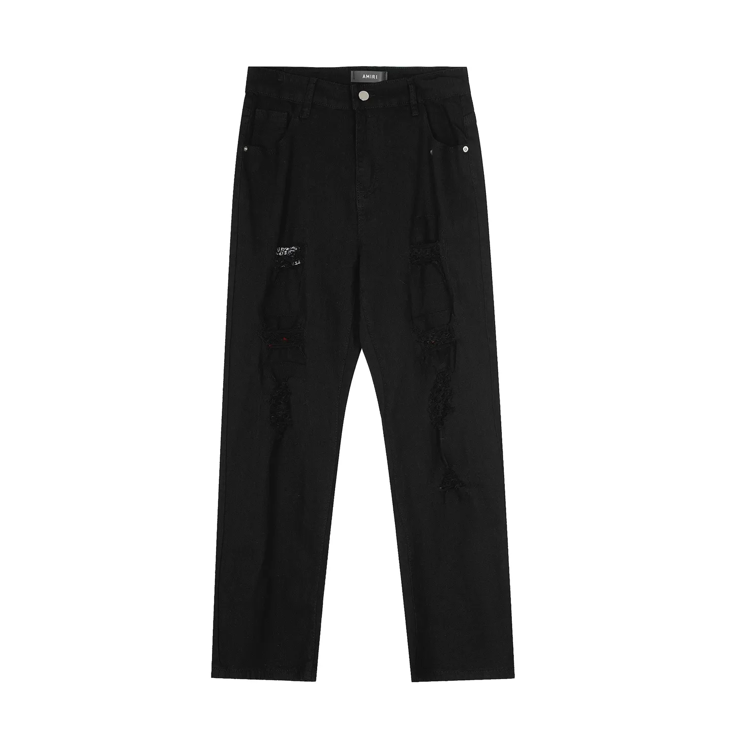 #M61 P168💰 AMIRI patch embroidery jeans trousers AMIRI high street basic ripped tight elastic jeans trousers amiri brand jeans break the production process and cutting of the original jeans, the fabrics are softer and more comfortable Hand-sewn collar label Customized logo buttons Genuine leather tag Color: Picture color Size: 30-32-34-36