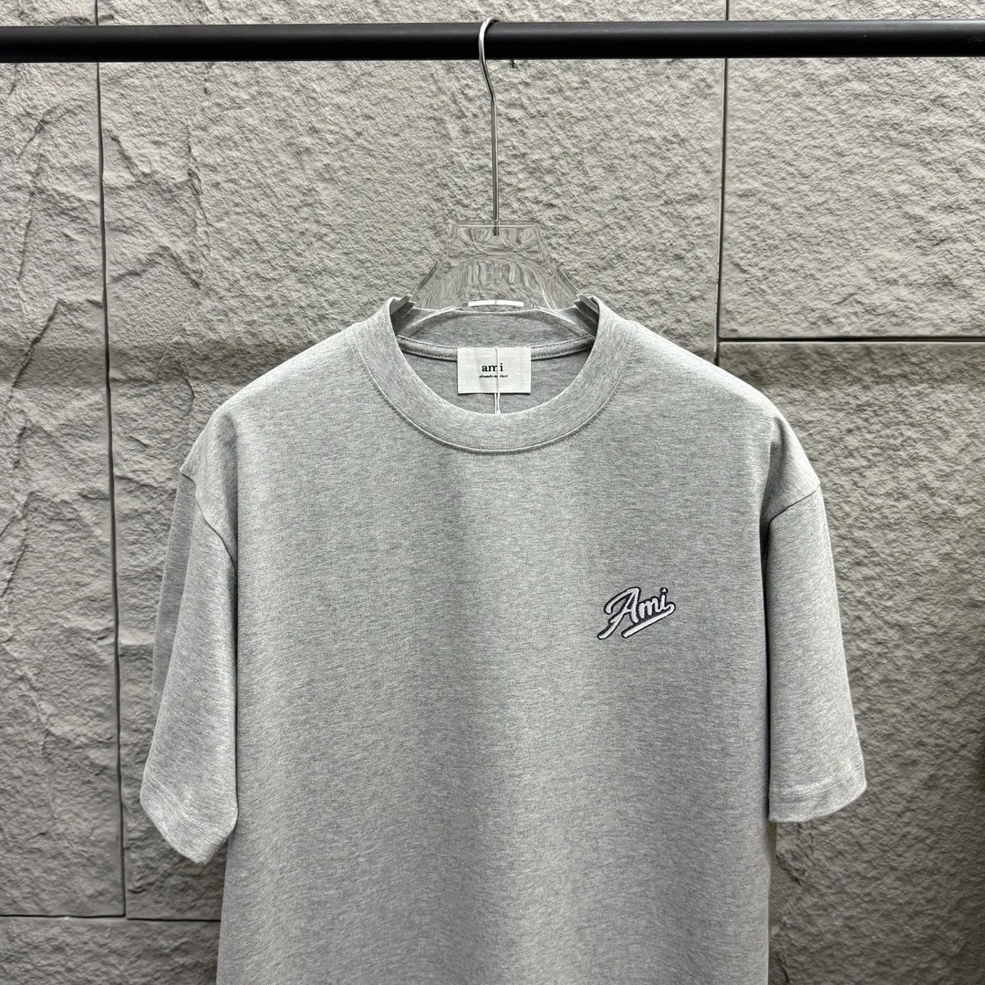 🅿️180 Ami* 2025 spring and summer new style Ami letter embroidery customized double yarn plain cotton fabric short-sleeved T-shirt for men and women Color: black white floral gray Size: S (90-130 pounds) M (120-150 pounds) L (140-165 pounds) XL (160-180 pounds) XXL (180-210 pounds)