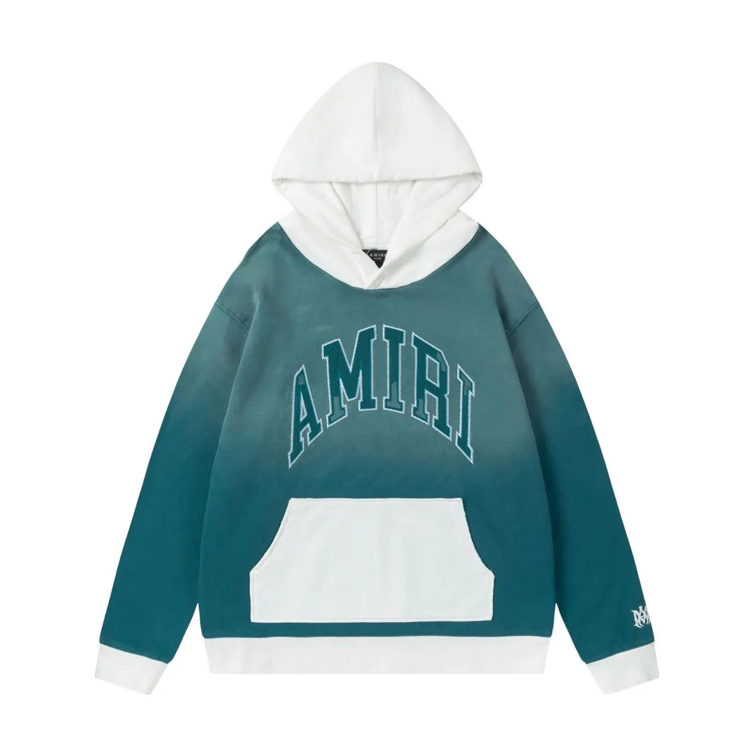 7176#P330AMIRI Burnt flower embroidery distressed, contrasting color hooded sweatshirt. Color: Black, Peacock Blue, Size: S M L XL