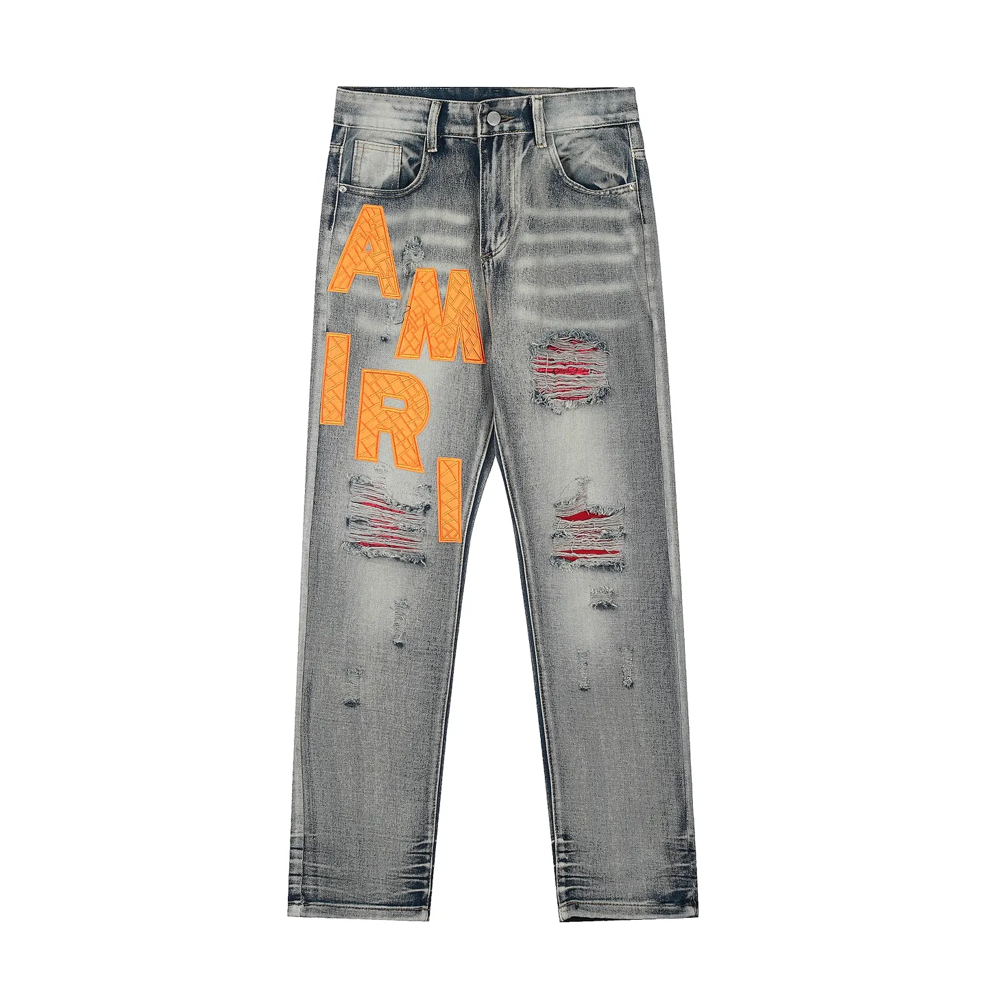 #M31 P168💰 Amiri classic embroidered patched leather ripped letter skinny jeans. Slim skinny jeans. Produced by a major washed factory. Full of high-end feel. Knee part destroyed design with patchwork design. Already used as facade design. Leather waist nameplate. The focus of this style is not on the washing, but on the destroyed shape and version. The secret lies in the craftsmanship of the master. The cost of post-processing, grinding, cutting, etc. is far beyond the cost of assembly line products. Color: Picture color Size: 30-32-34-36