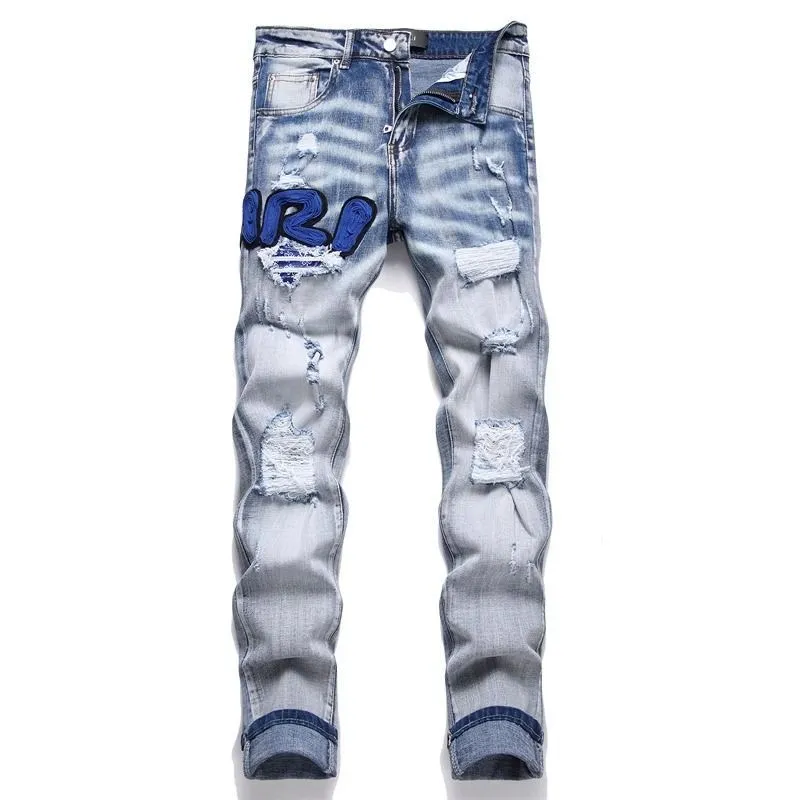 #M19 P168💰 Amiri classic embroidered patched leather ripped letter jeans, slim fit jeans, produced by a major washed factory, full of high-end feel, partially destroyed knee design with patchwork leather design, has been used as a facade design, leather waist nameplate, the focus of this style is not on the washing, but on the destroyed shape and version. The secret lies in the craftsmanship of the master. The cost of post-processing, grinding, cutting, etc. is far beyond the cost of assembly line products. Color: Picture color Size: 30-32-34-36